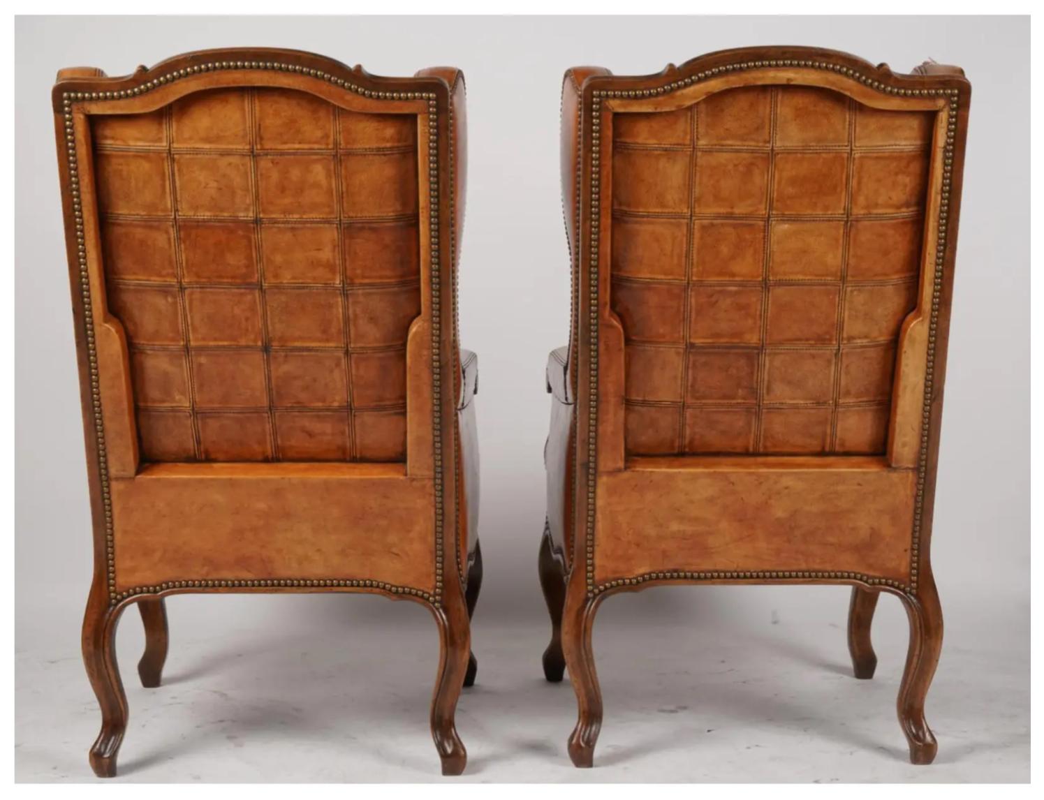 American Pair of Hendrix Allardyce Italian Baroque Style Leather Wing Chairs