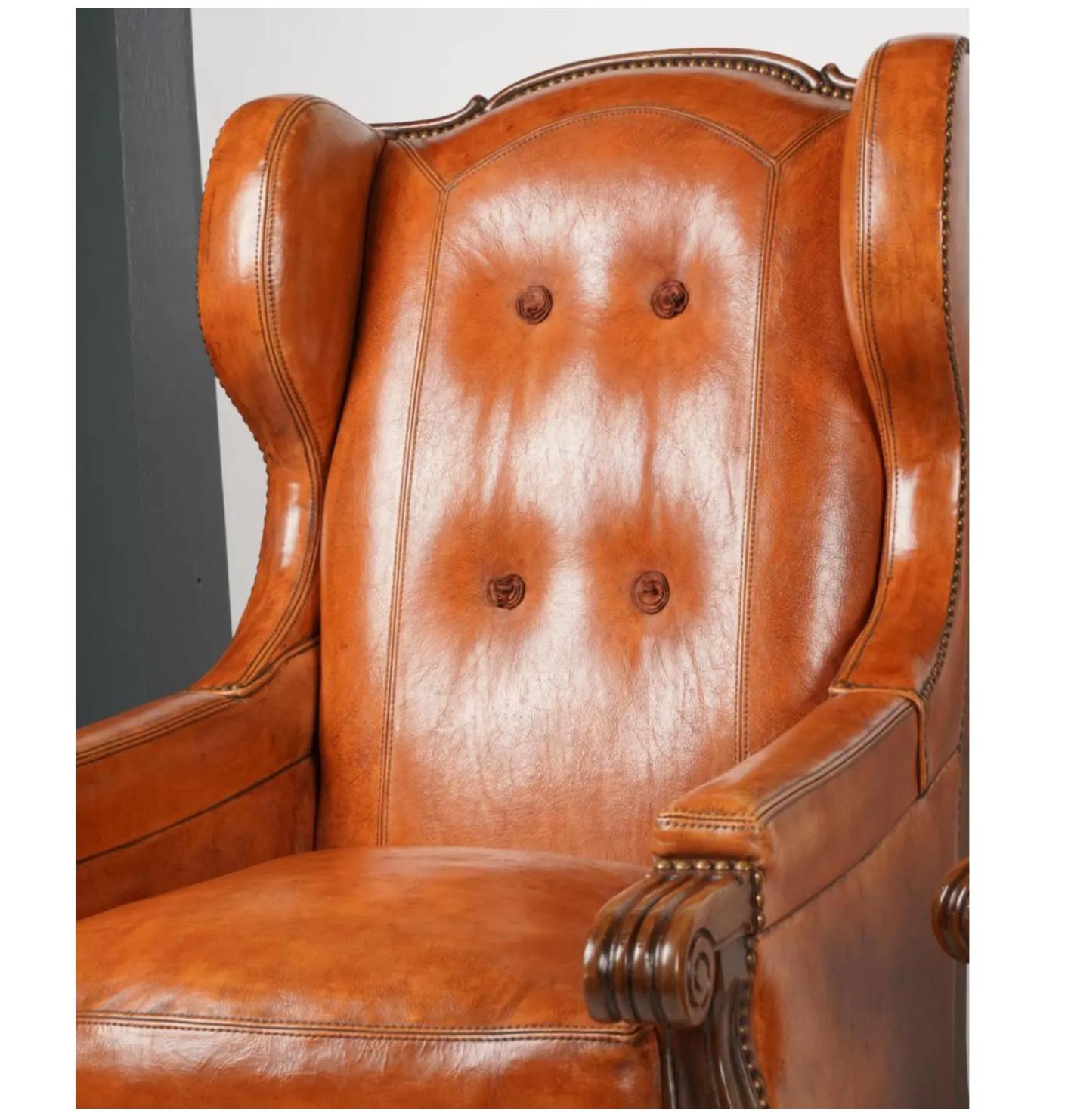 Pair of Hendrix Allardyce Italian Baroque Style Leather Wing Chairs In Good Condition In LOS ANGELES, CA