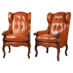 Pair of Hendrix Allardyce Italian Baroque Style Leather Wing Chairs