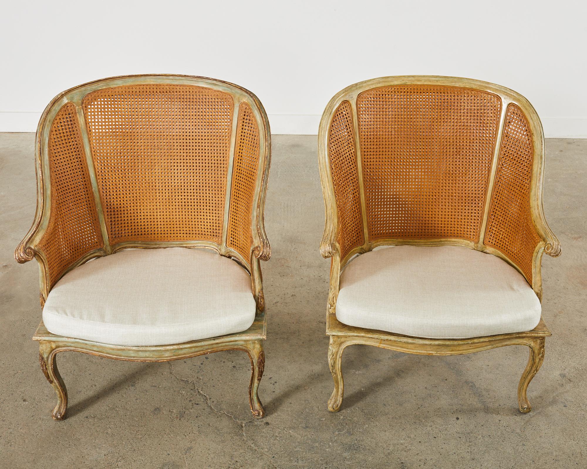 American Pair of Hendrix Allardyce Key West Caned Bergère Armchairs  For Sale