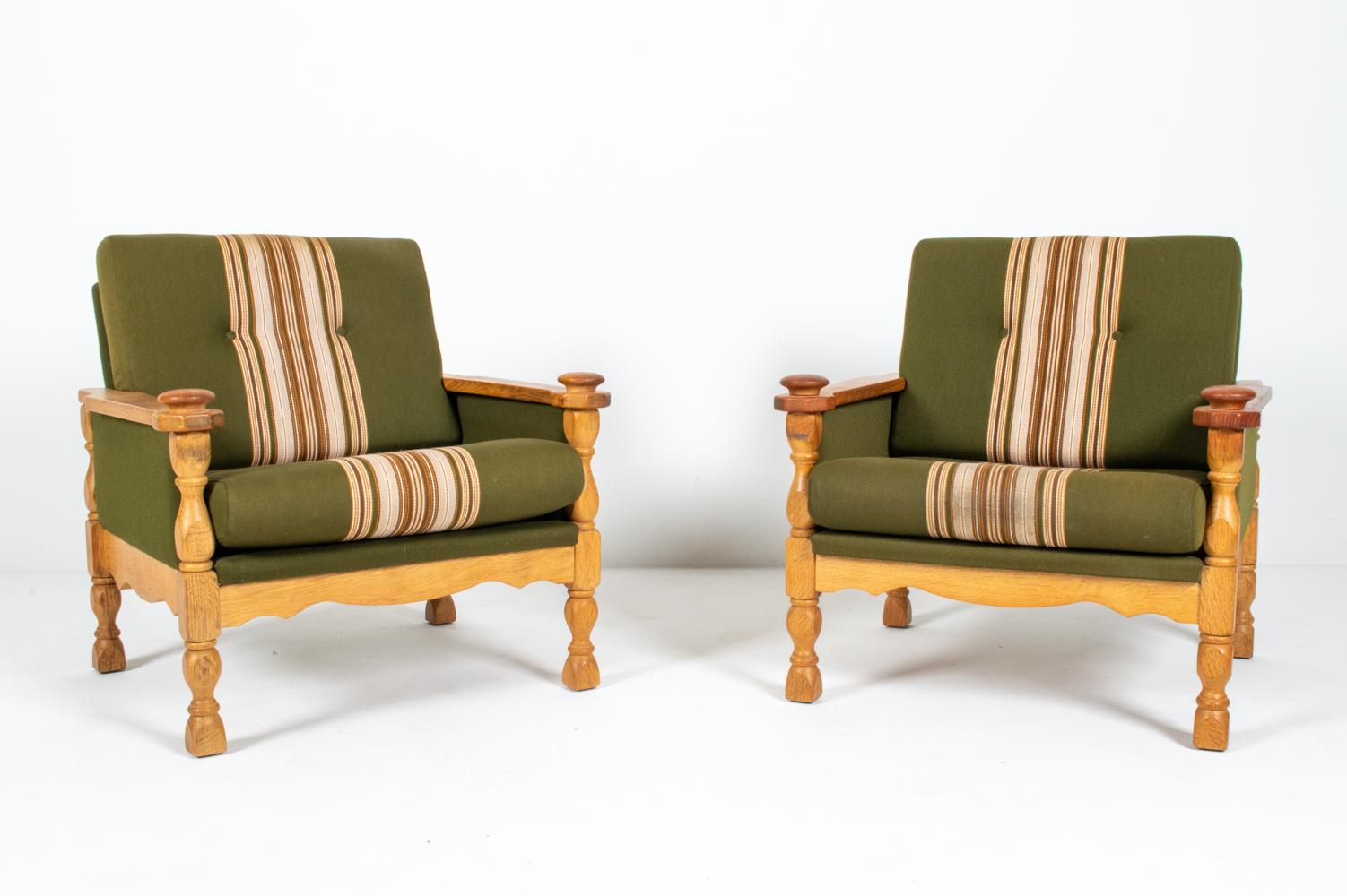 Scandinavian Modern Pair of Henning Kjaernulf Danish Mid-Century Carved Oak Lounge Chairs