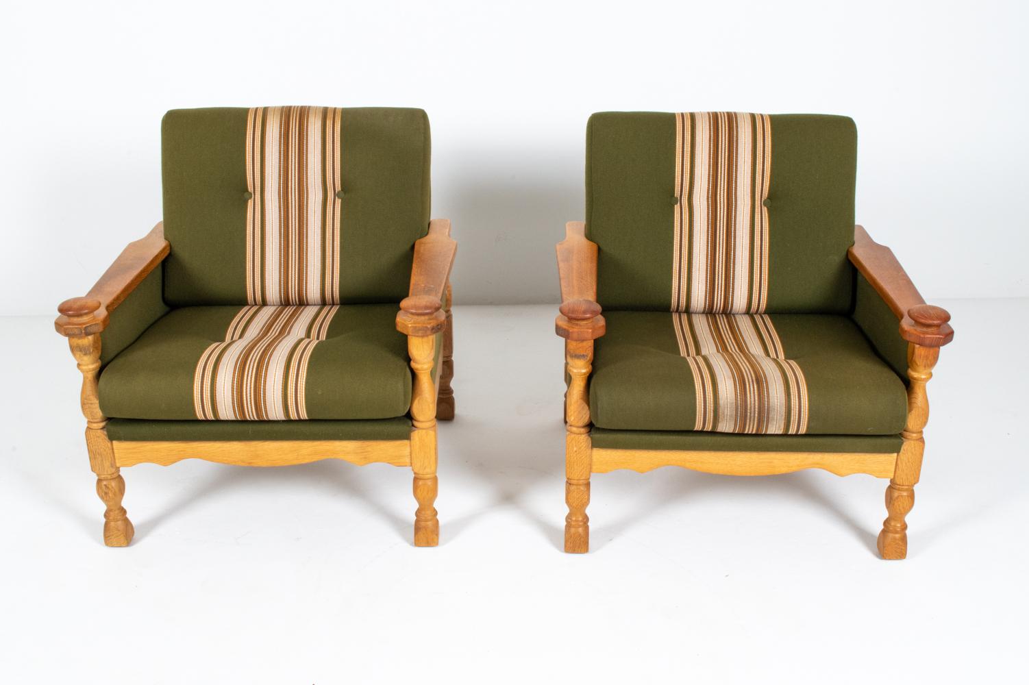 Pair of Henning Kjaernulf Danish Mid-Century Carved Oak Lounge Chairs 1