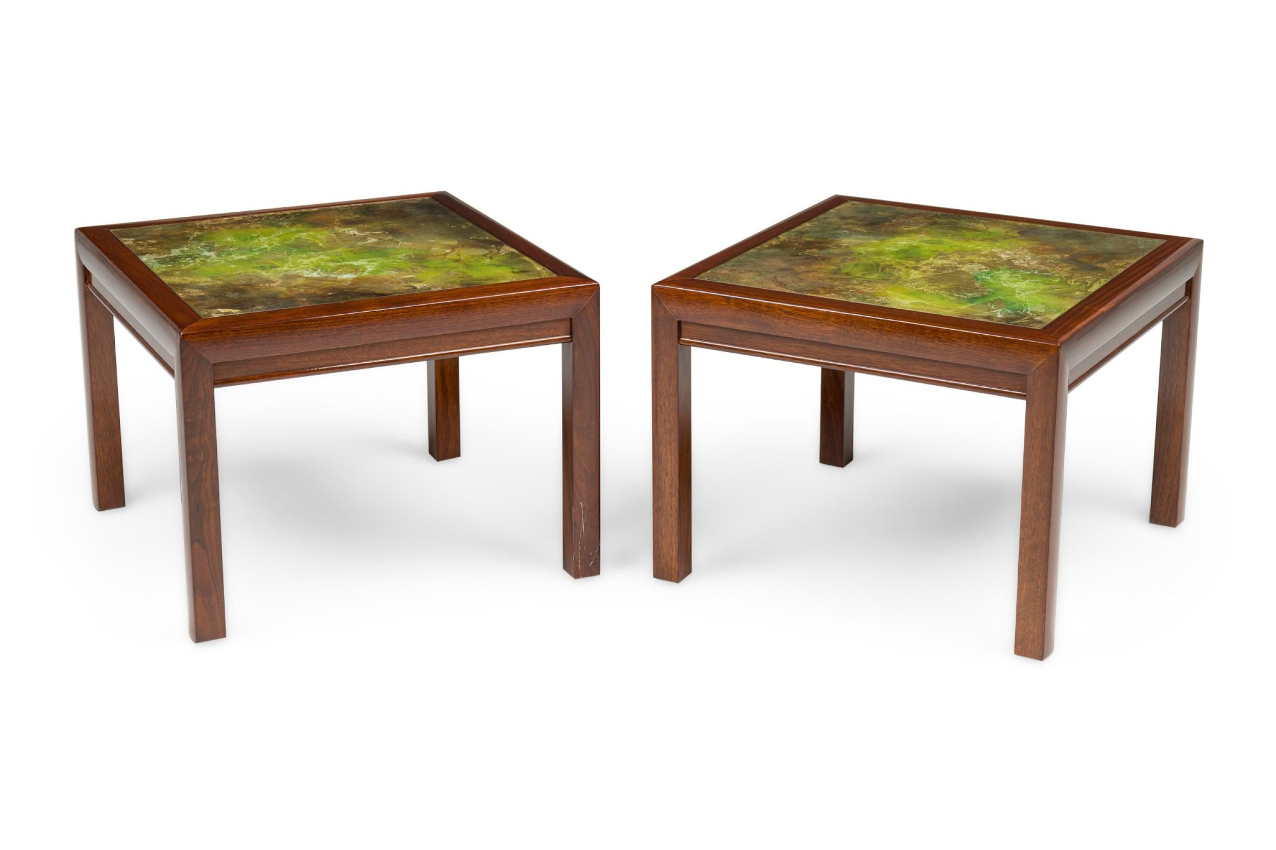 PAIR of American Mid-Century square low Green Atmospheric Reverse Painted Glass side / occassional Tables (HENREDON) (PRICED AS PAIR)
