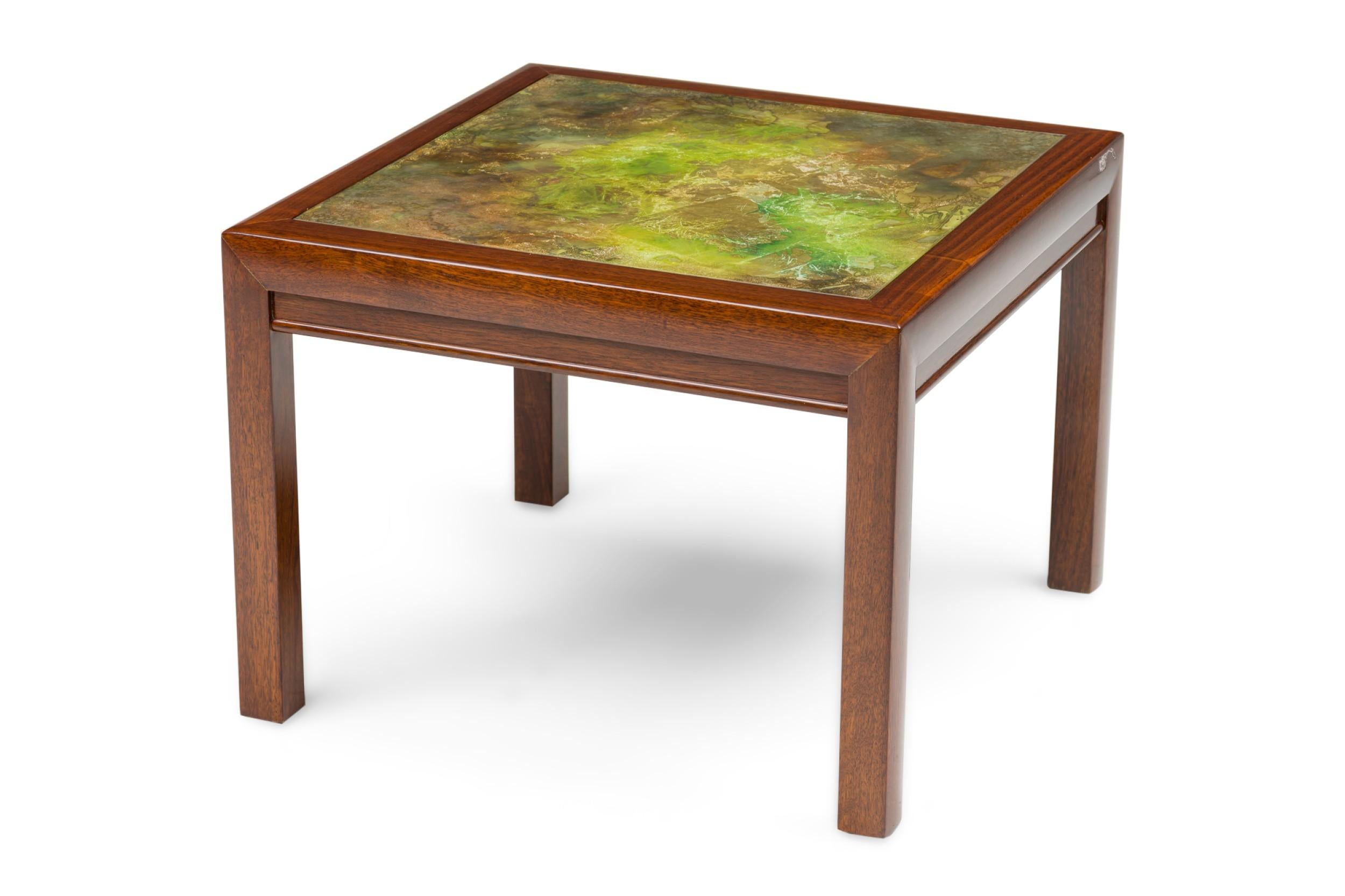 Hand-Painted Pair of Henredon American Mid-Century Atmospheric Reverse Painted Glass Tables