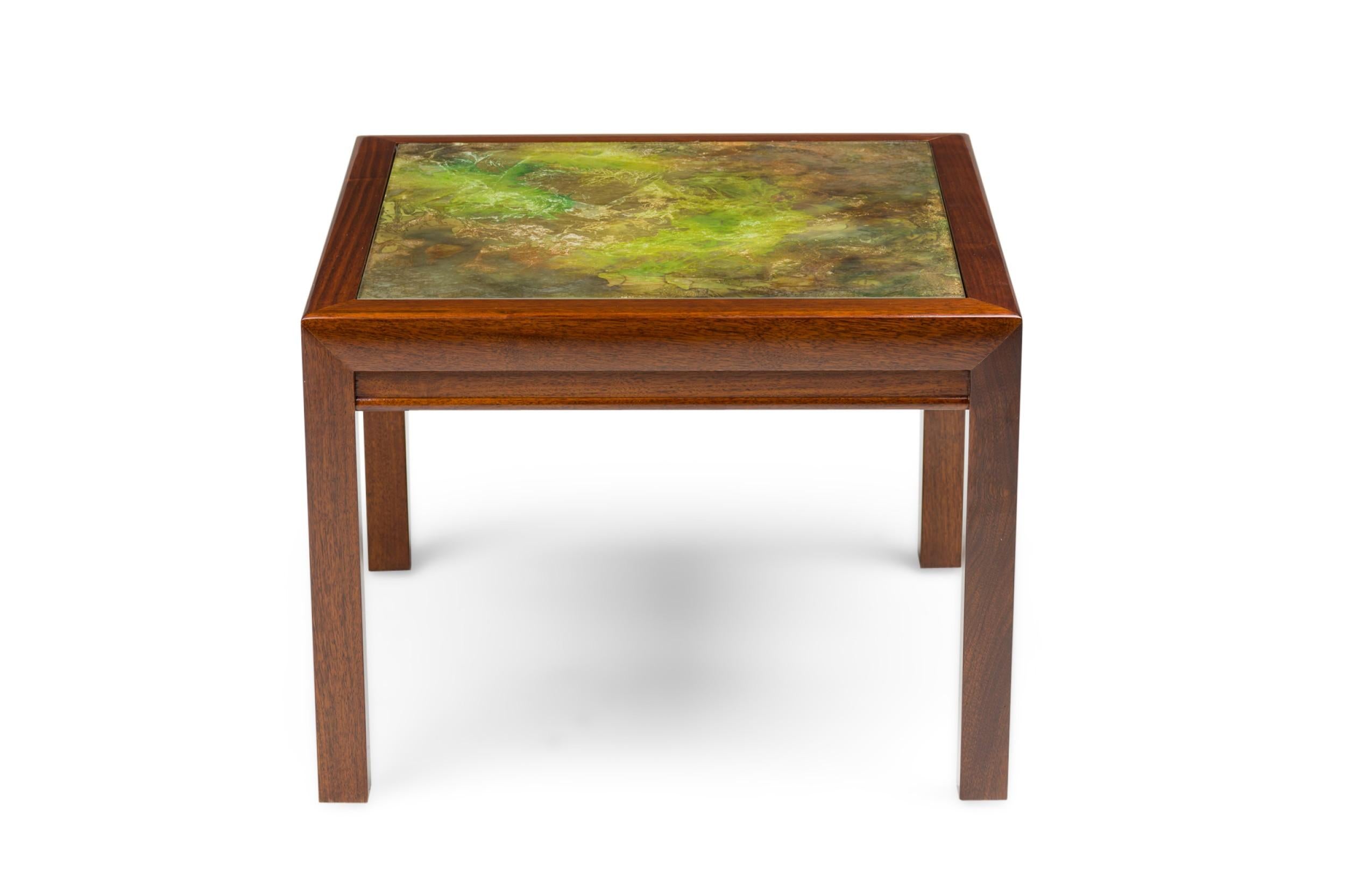 Pair of Henredon American Mid-Century Atmospheric Reverse Painted Glass Tables 1