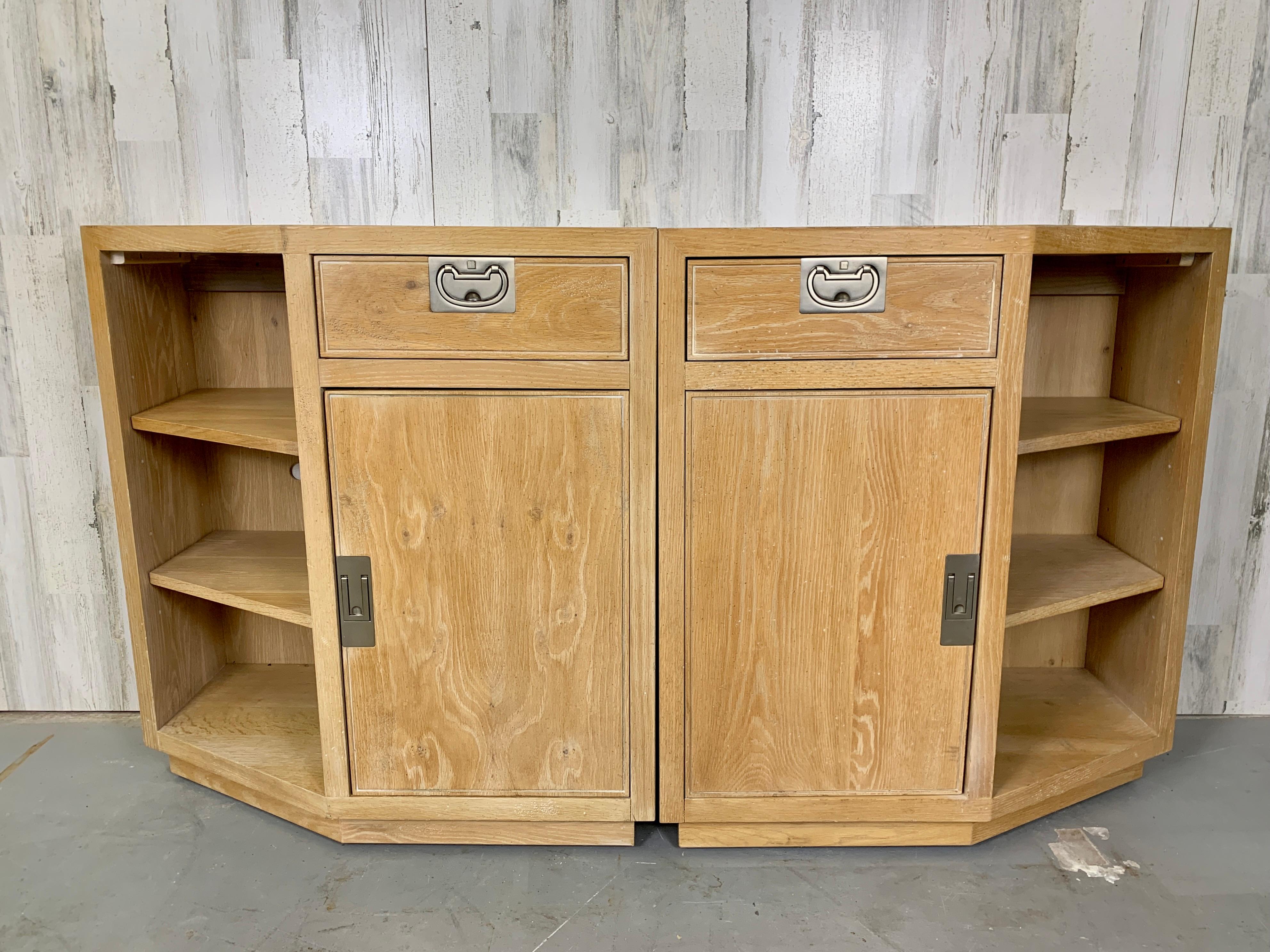 Pair of Henredon Bel Air Collection Cabinets. Made from cerused oak with nickel plated hardware. Can be used as a credenza, nightstands or a pair of cabinets.