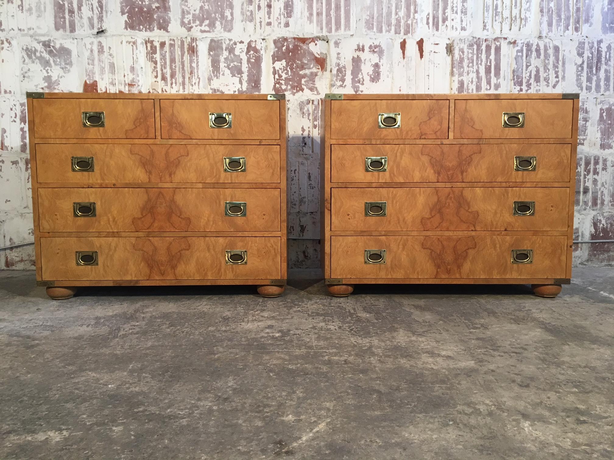 Pair of burled wood Campaign style dressers by Henredon in very good condition. Only very minor signs of age appropriate wear. Circa 1970s.