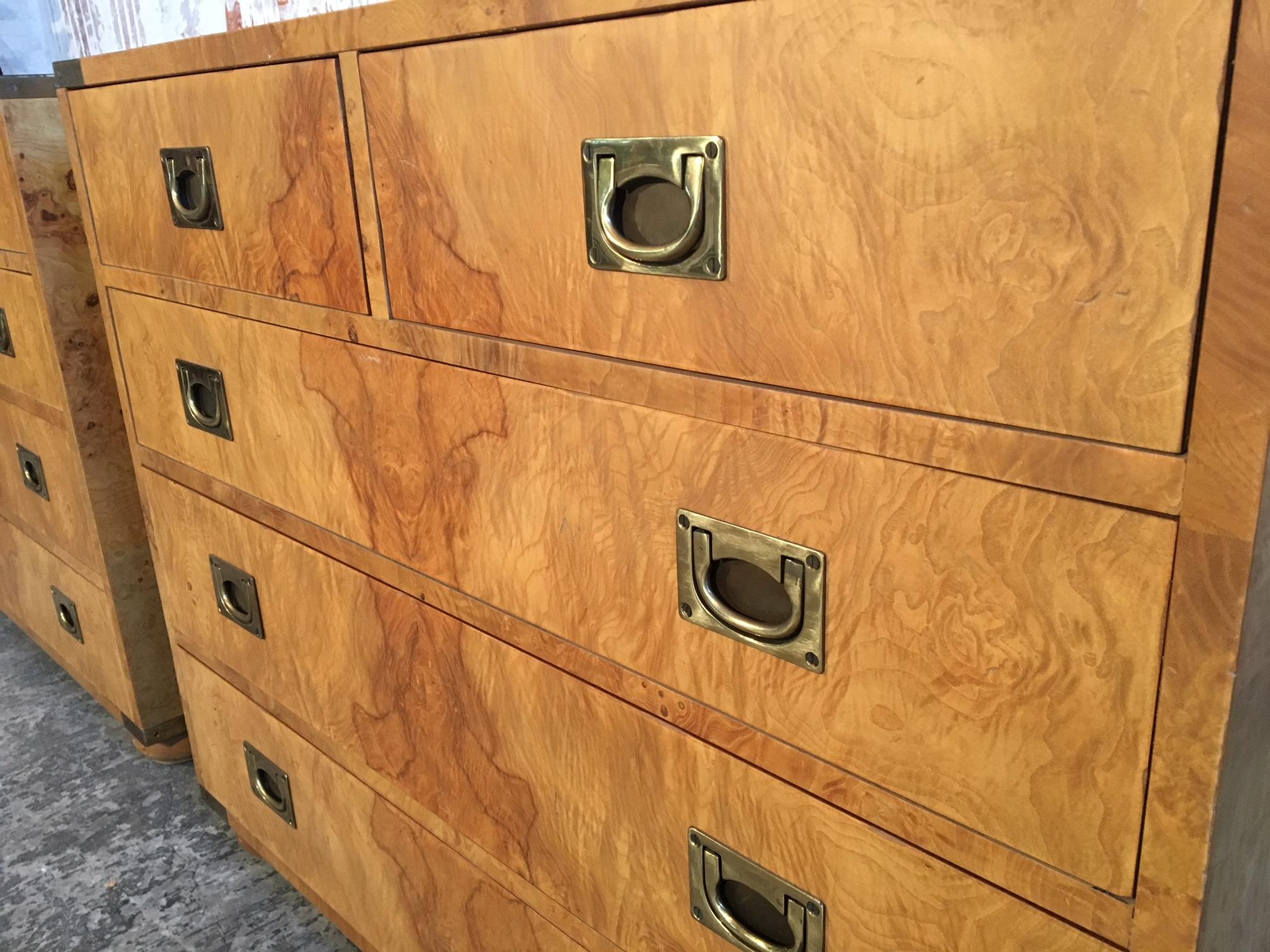 Pair of Henredon Burl Wood Campaign Dressers In Good Condition In Jacksonville, FL