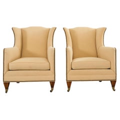 Pair of Henredon Butter Upholstered Wingback Club Chairs