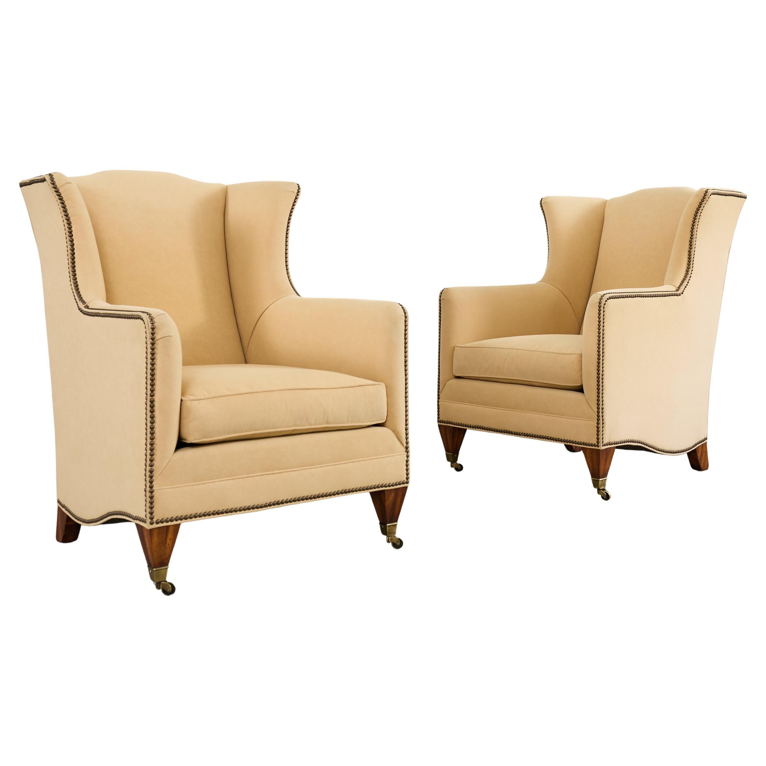 Pair of Henredon Butter Upholstered Wingback Club Chairs For Sale
