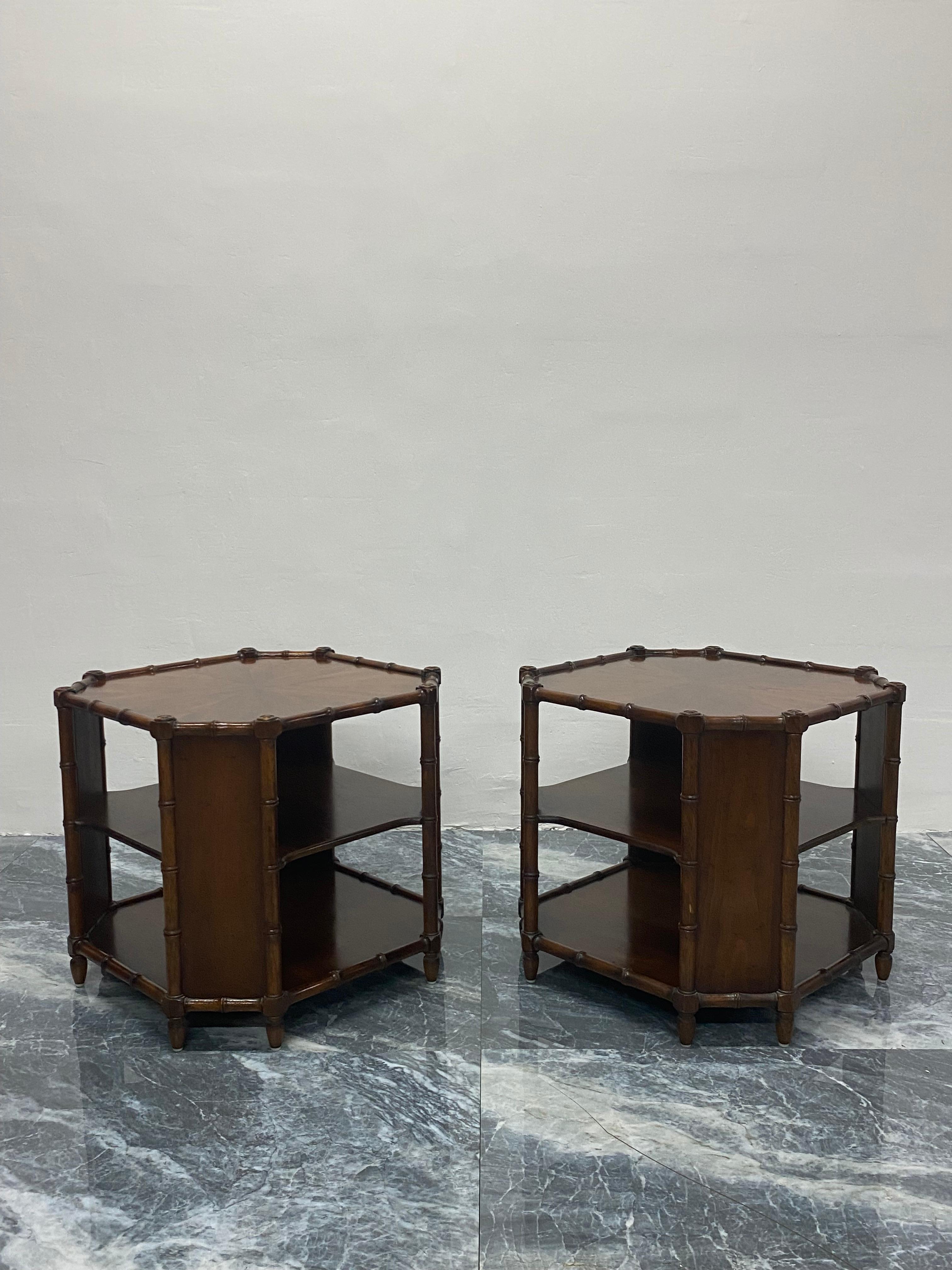 Pair of Henredon Faux Bamboo and Stained Wood Side Tables with Shelves, 1970s 5
