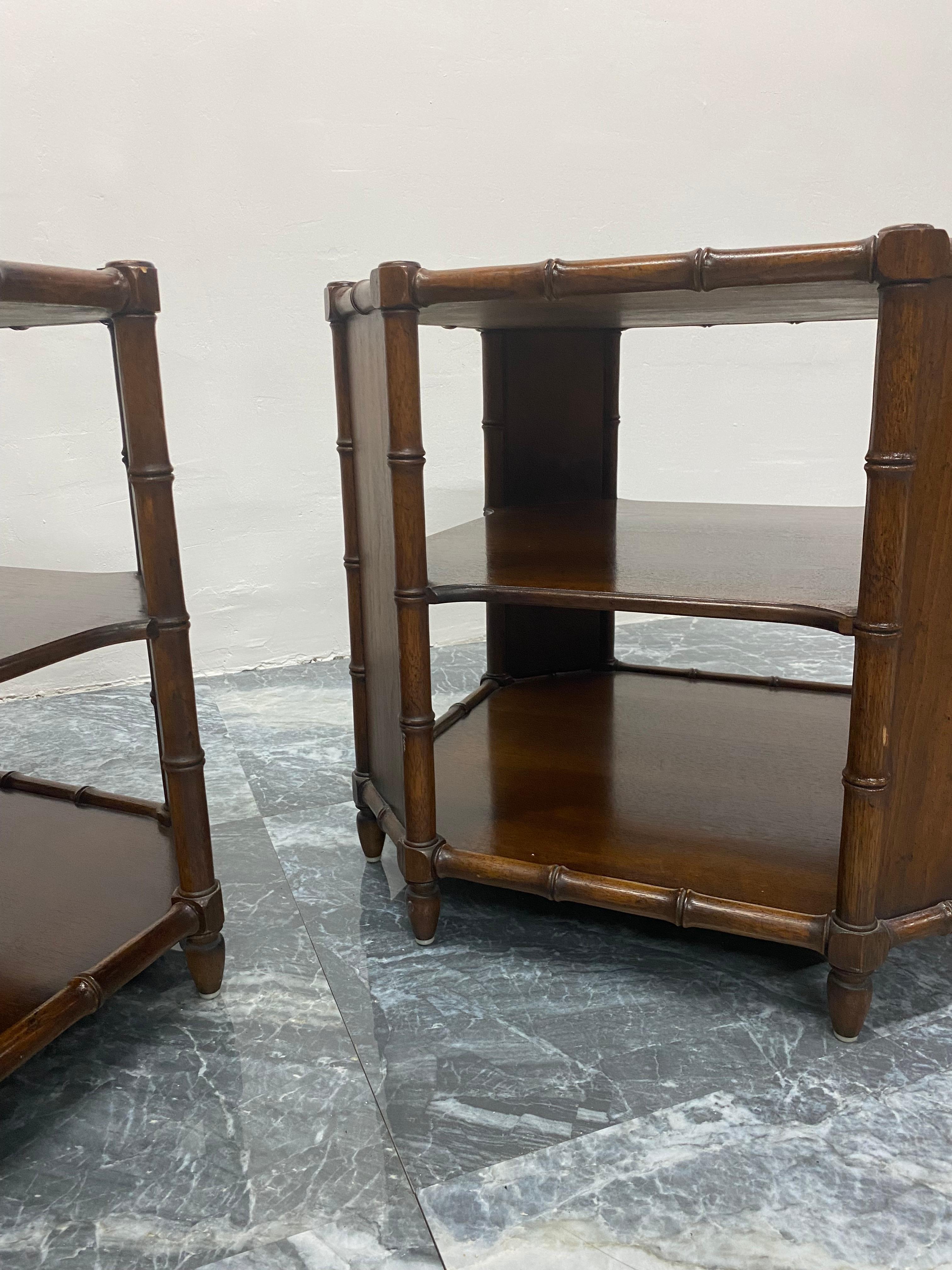 Mid-Century Modern Pair of Henredon Faux Bamboo and Stained Wood Side Tables with Shelves, 1970s