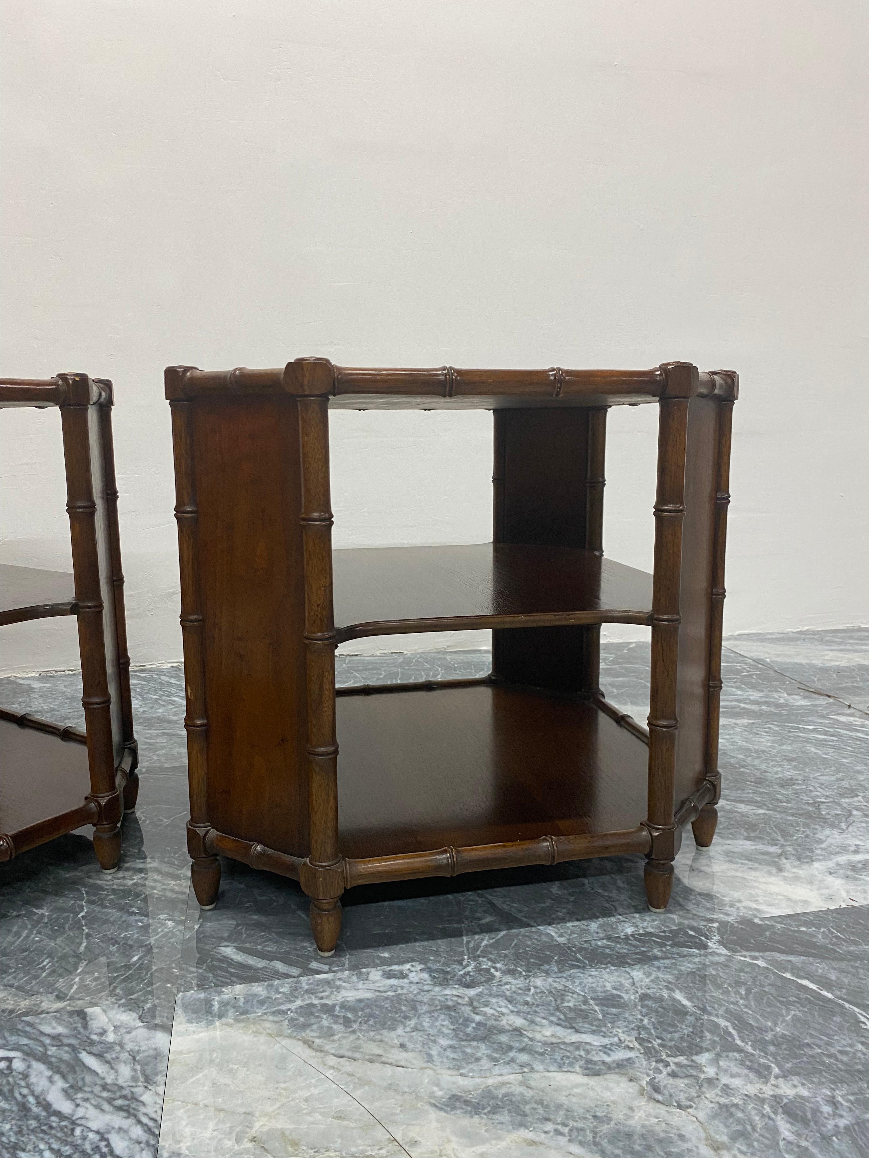 American Pair of Henredon Faux Bamboo and Stained Wood Side Tables with Shelves, 1970s