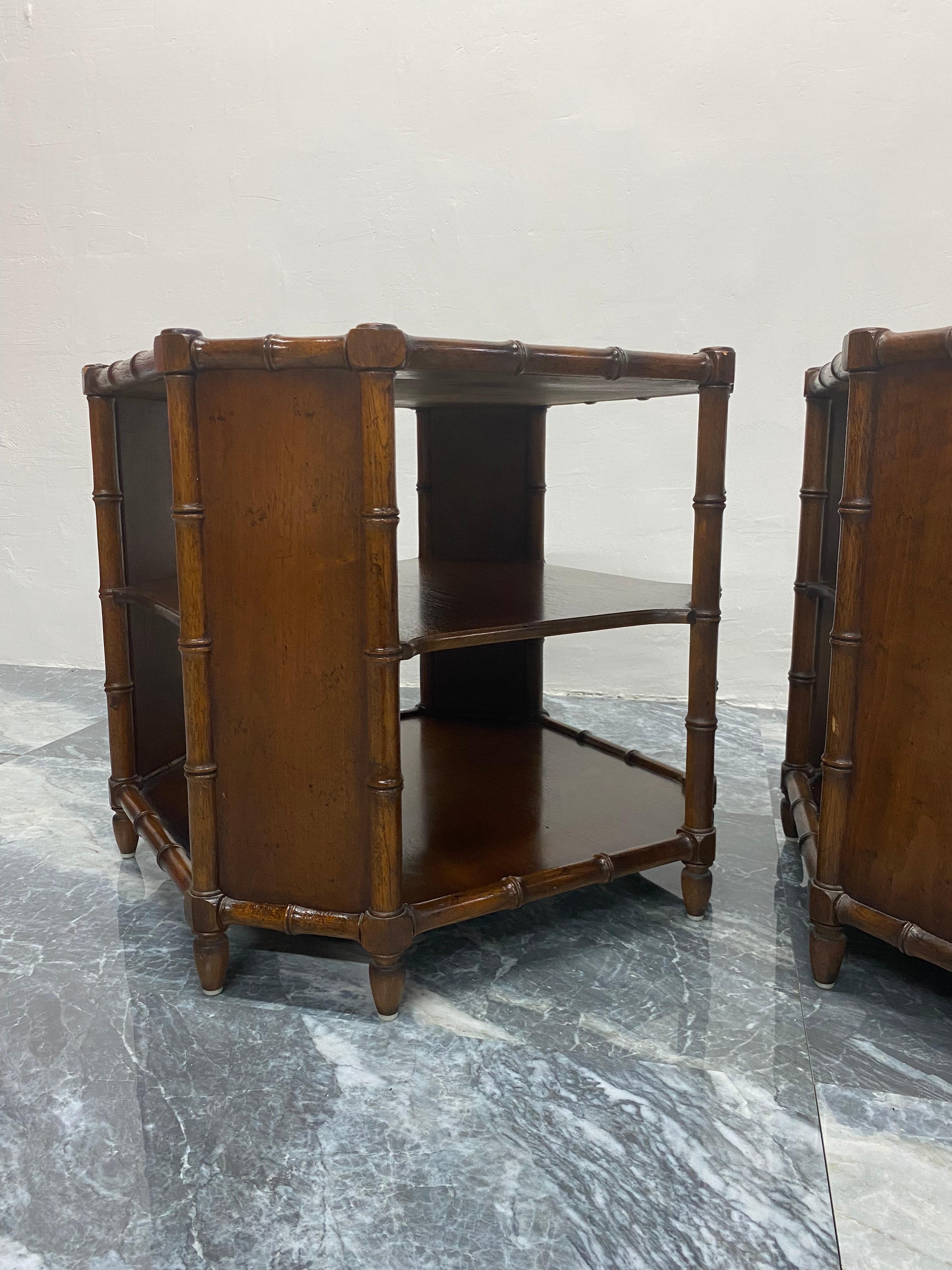 Pair of Henredon Faux Bamboo and Stained Wood Side Tables with Shelves, 1970s In Good Condition In Miami, FL