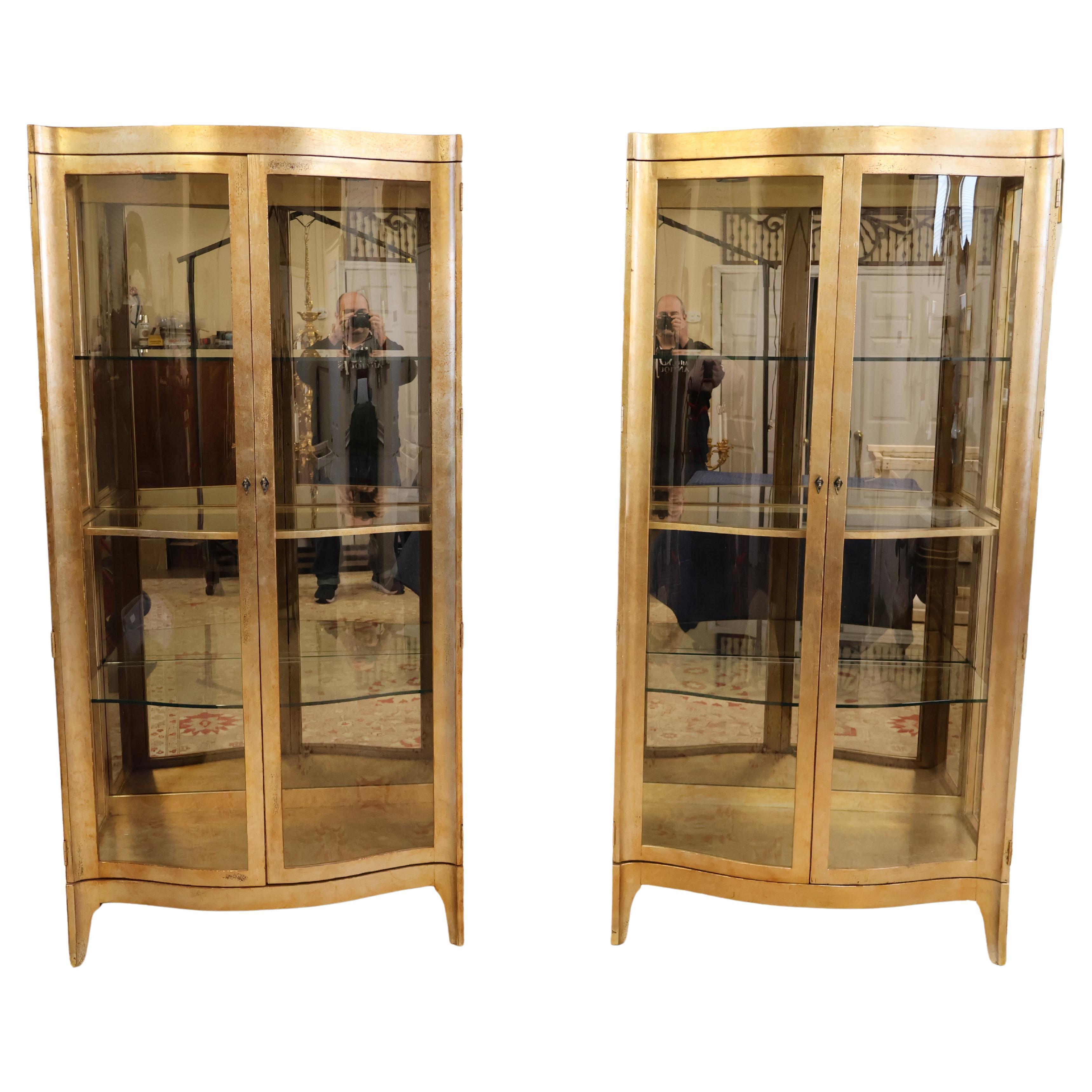 Pair of Henredon Gold Leaf Finish China Curio Display Cabinets For Sale