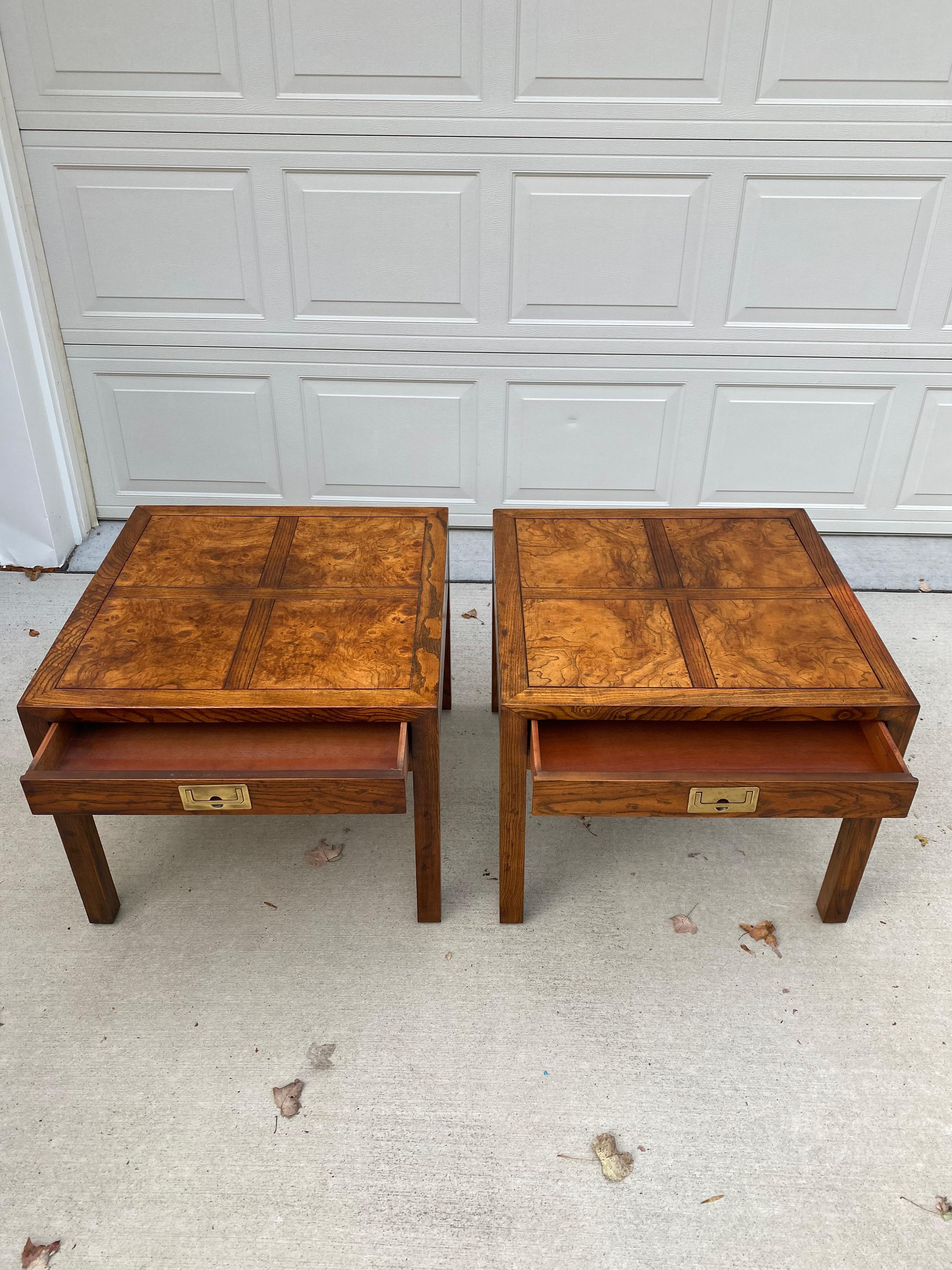 Pair of Henredon Parquetry Top Burl Walnut Campaign End Tables 8