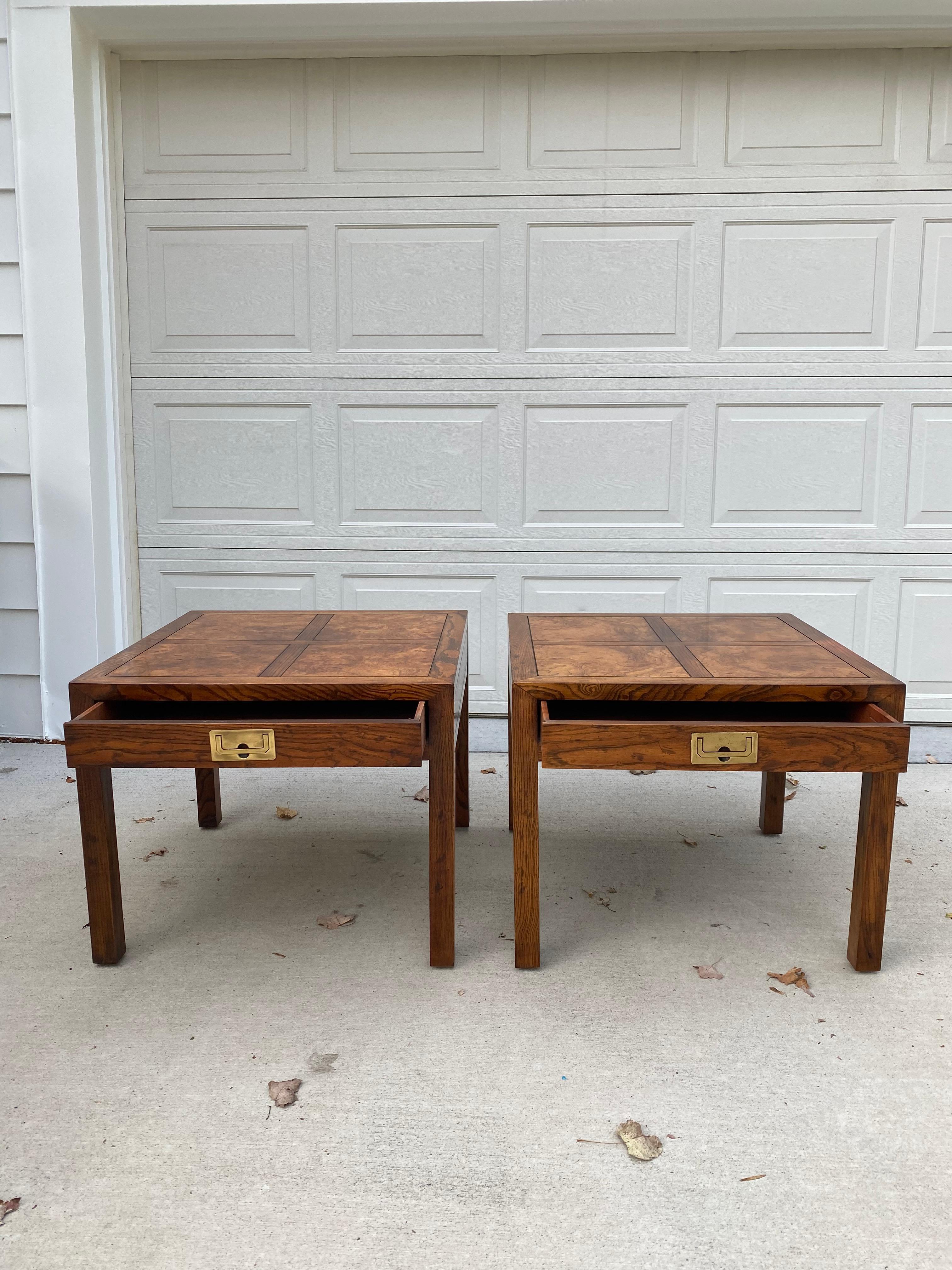 Pair of Henredon Parquetry Top Burl Walnut Campaign End Tables 9