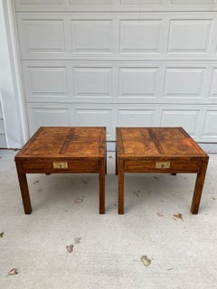 Pair of Henredon Parquetry Top Burl Walnut Campaign End Tables