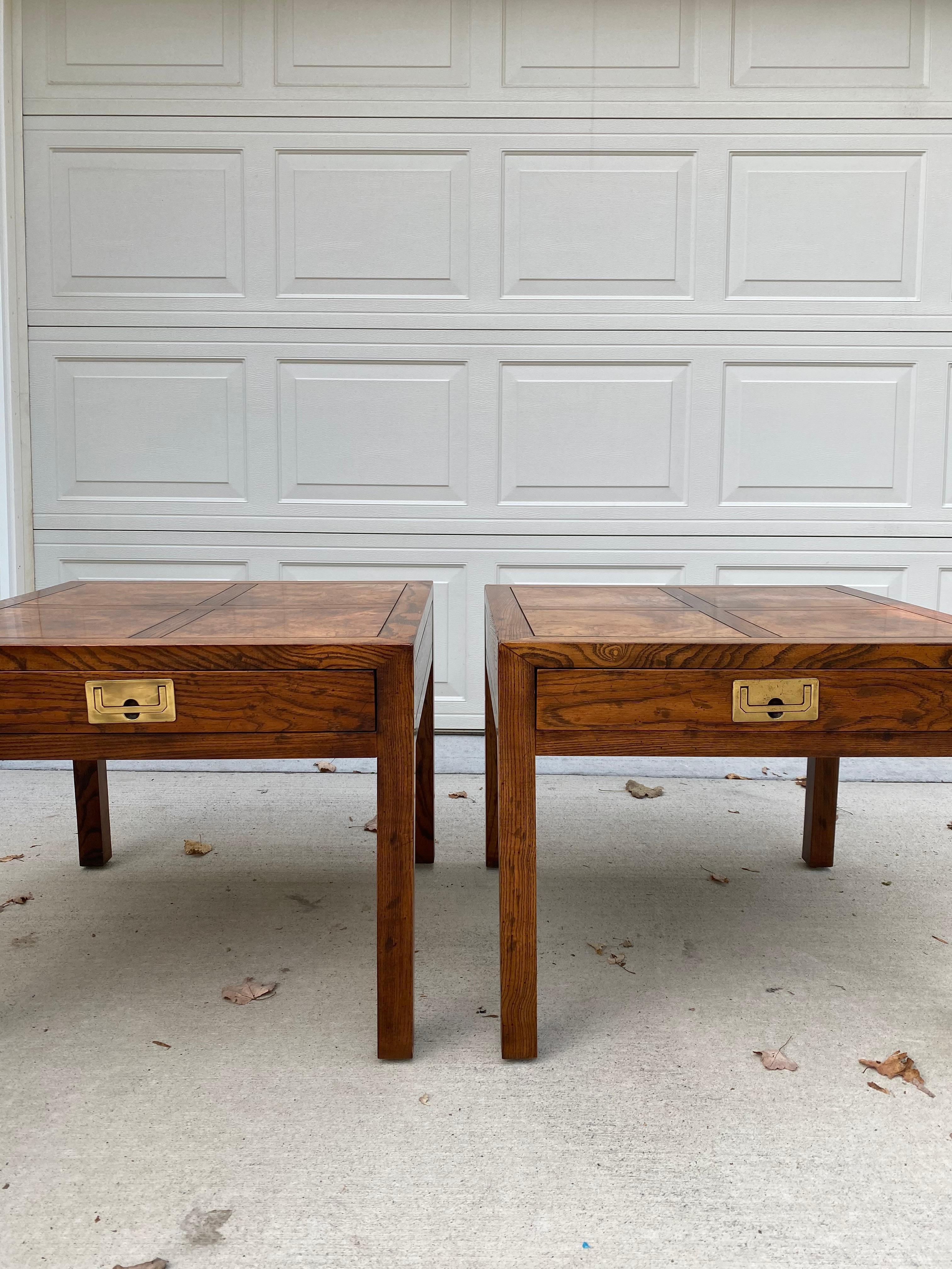 Pair of Henredon Parquetry Top Burl Walnut Campaign End Tables In Good Condition In Medina, OH