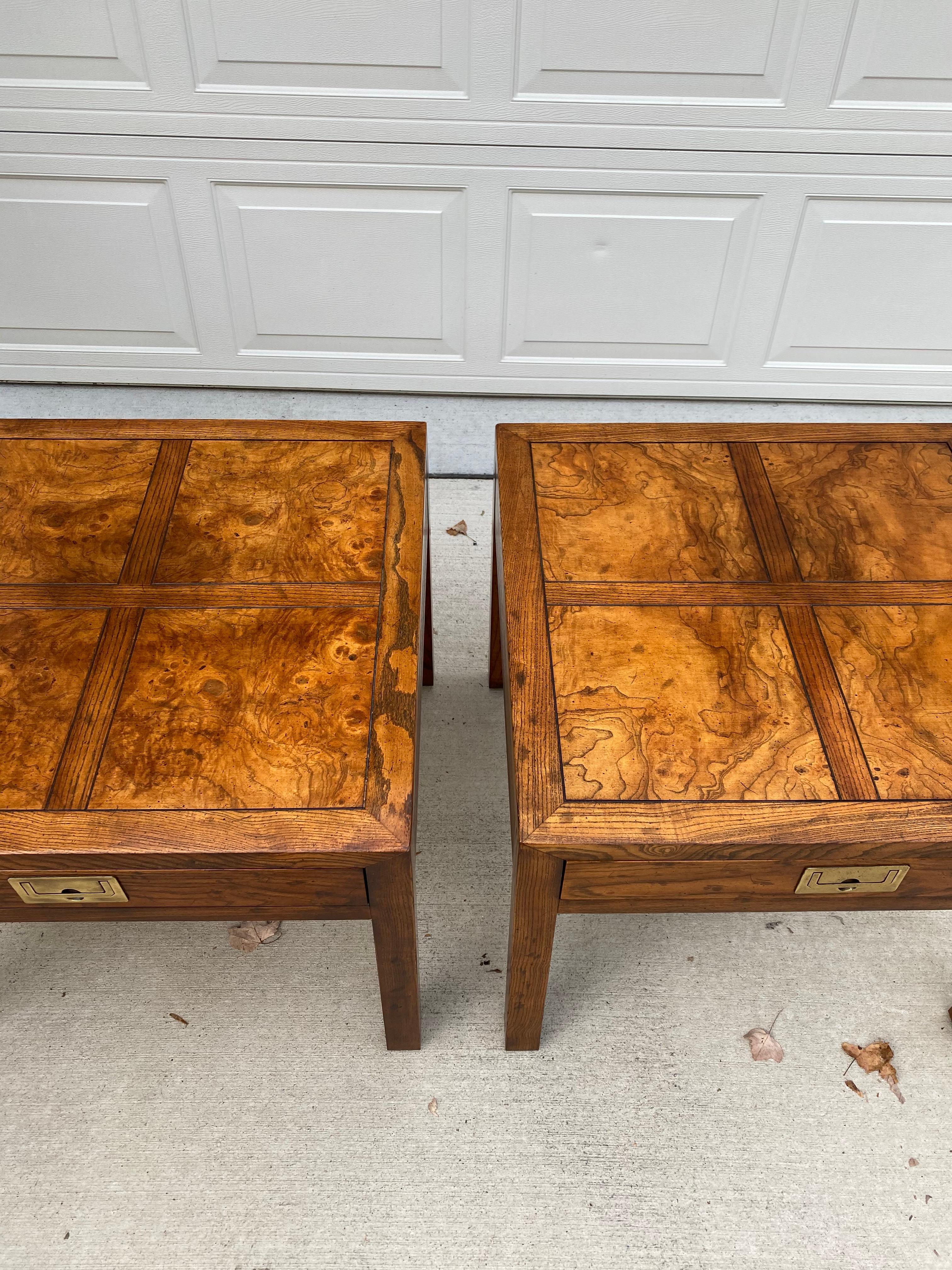 Late 20th Century Pair of Henredon Parquetry Top Burl Walnut Campaign End Tables