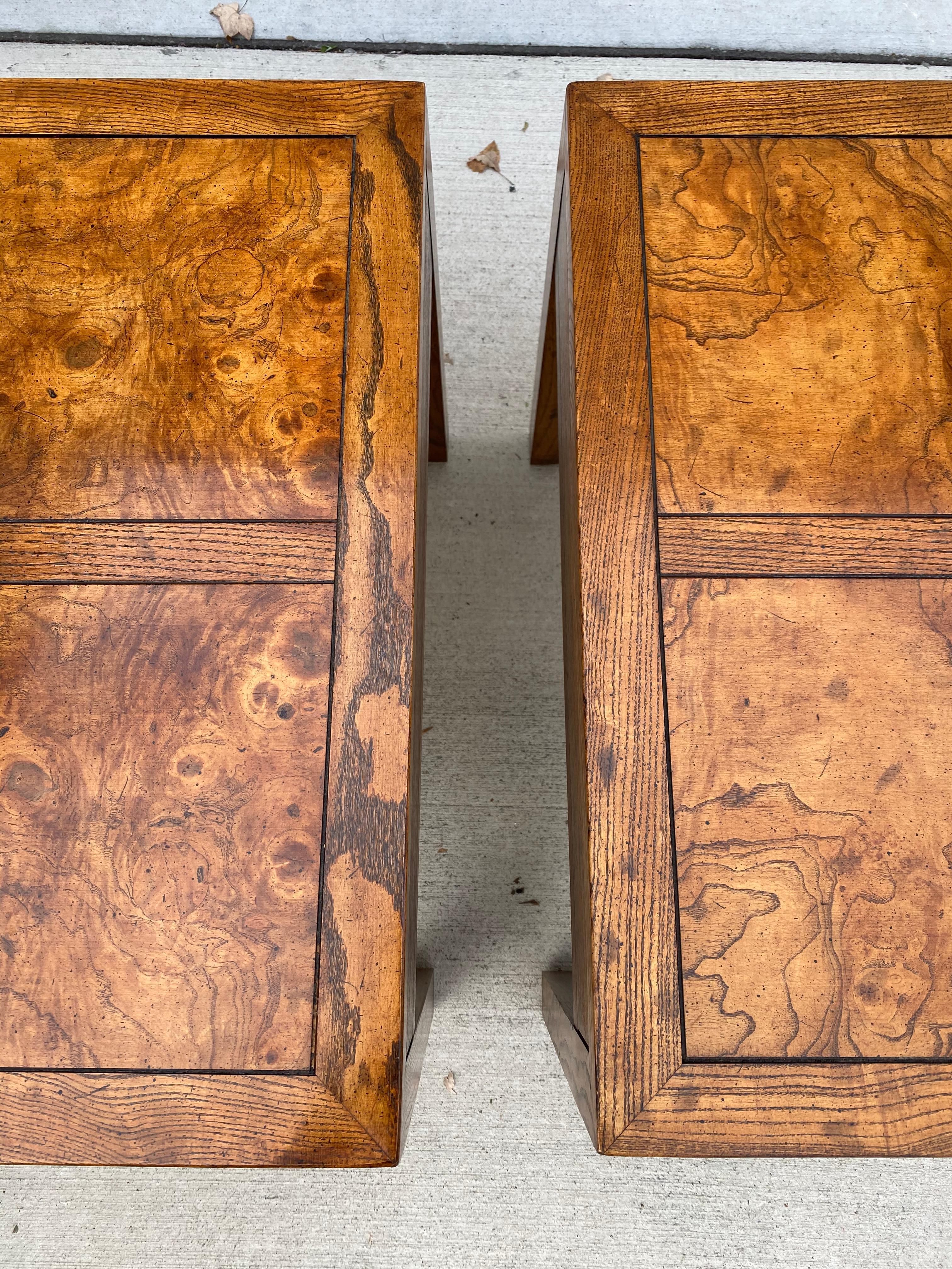 Brass Pair of Henredon Parquetry Top Burl Walnut Campaign End Tables