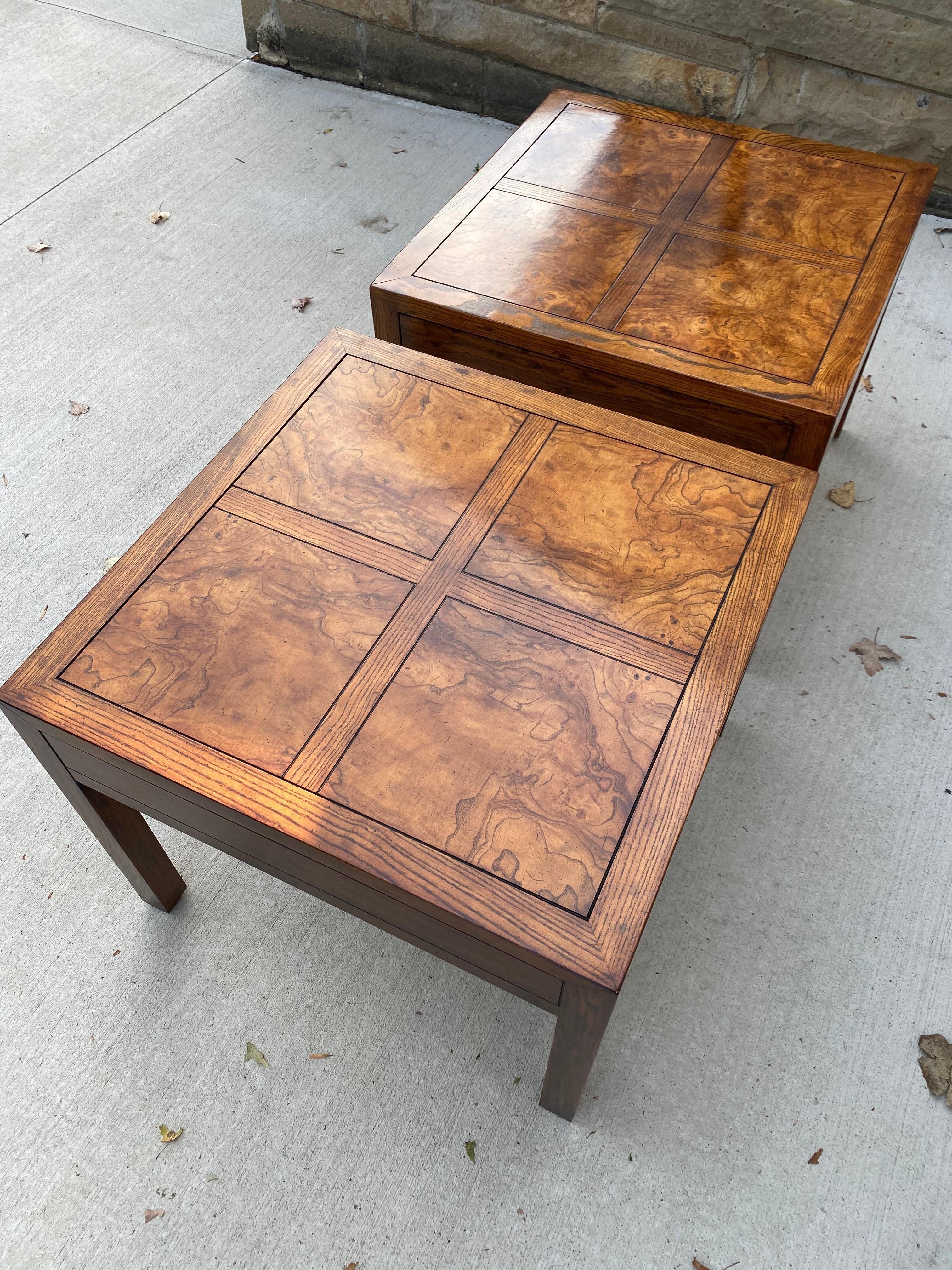 Pair of Henredon Parquetry Top Burl Walnut Campaign End Tables 4