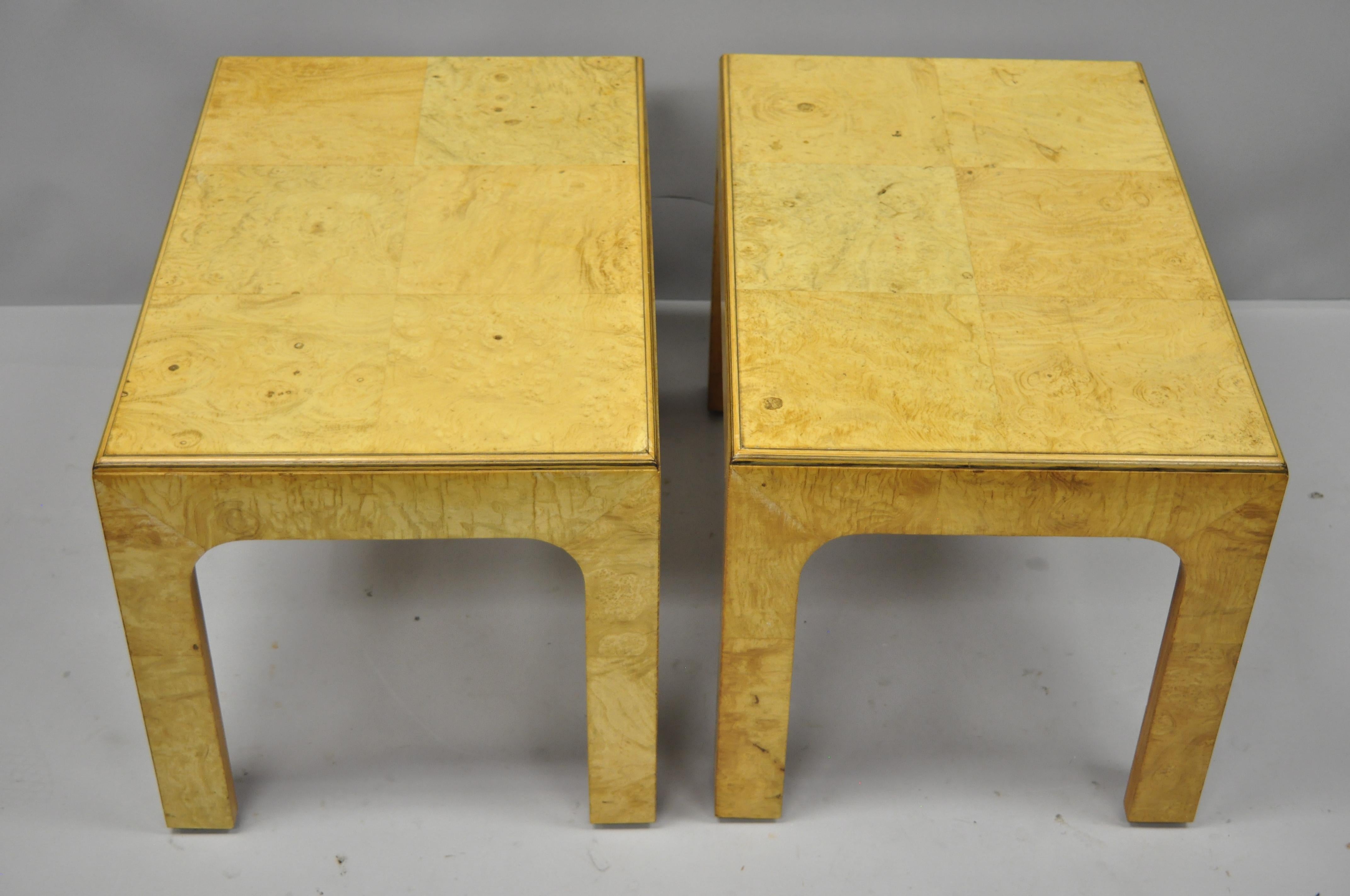 American Pair of Henredon Scene Two Burled Olive Wood Low Side End Tables Parsons Style