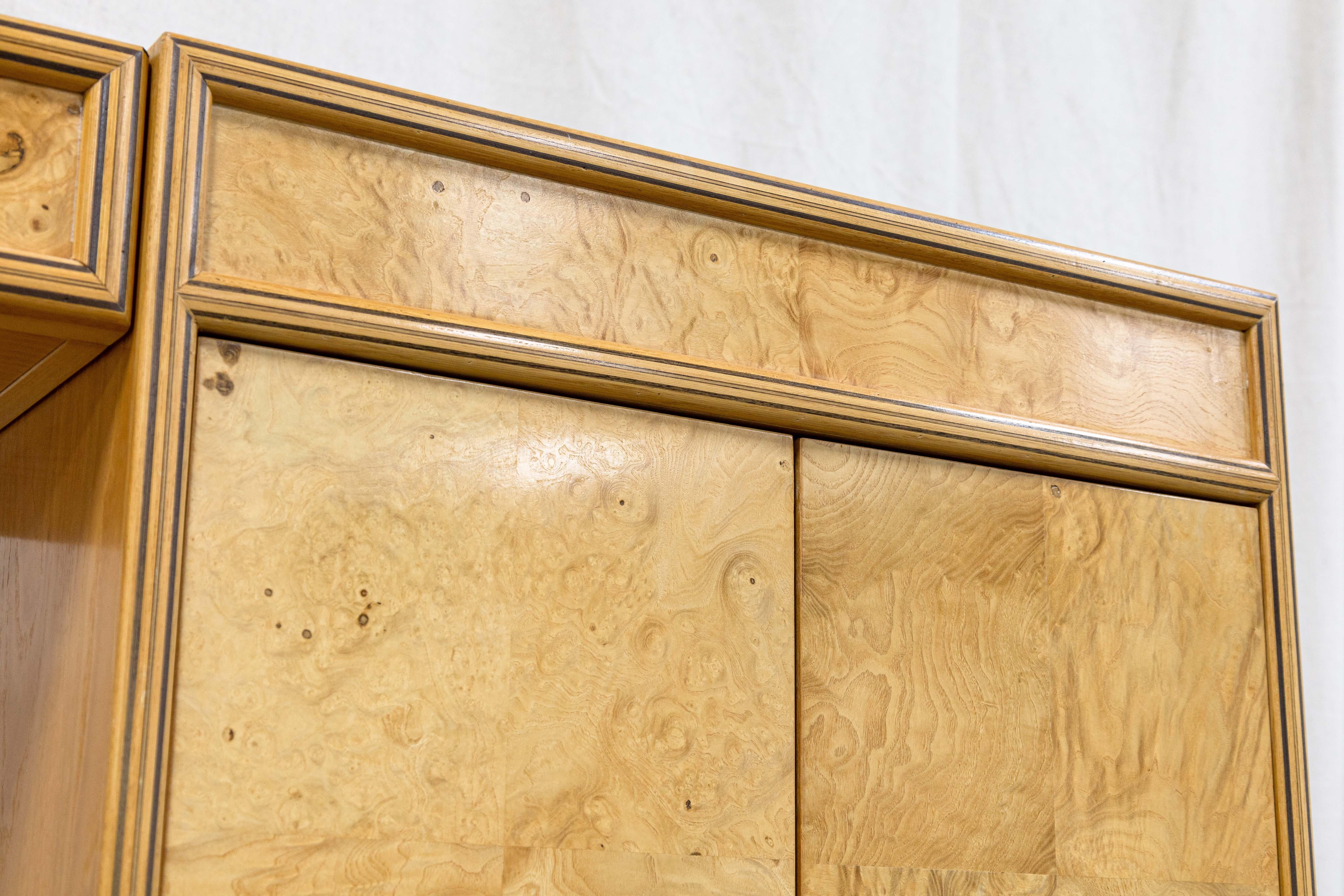 Pair of Henredon Scene Two Olive Burlwood Ebony Inlay Wood Armoire Cabinets In Good Condition In Keego Harbor, MI