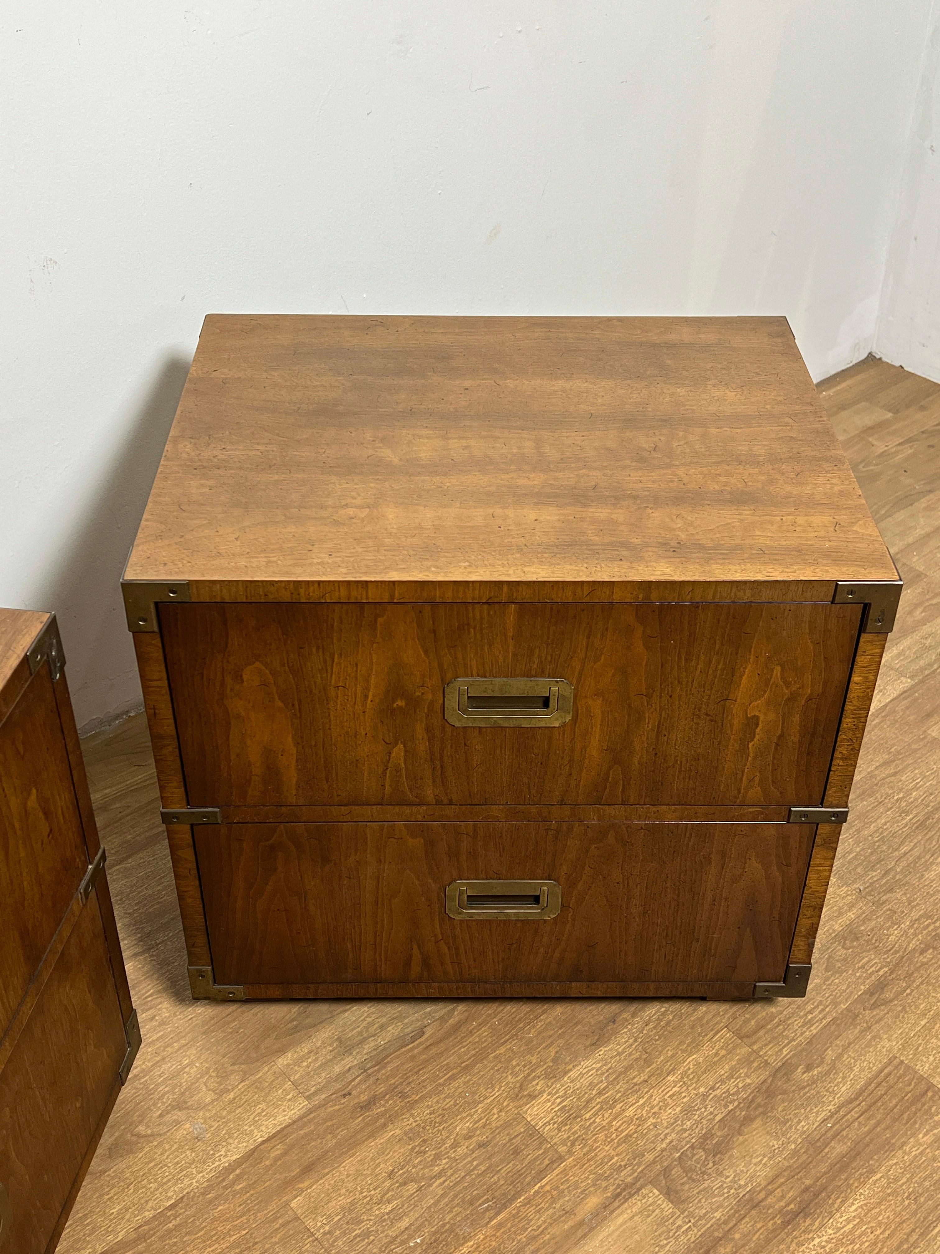 Mid-Century Modern Pair of Henredon Two Drawer Campaign Chest End Tables Ca. 1960s For Sale