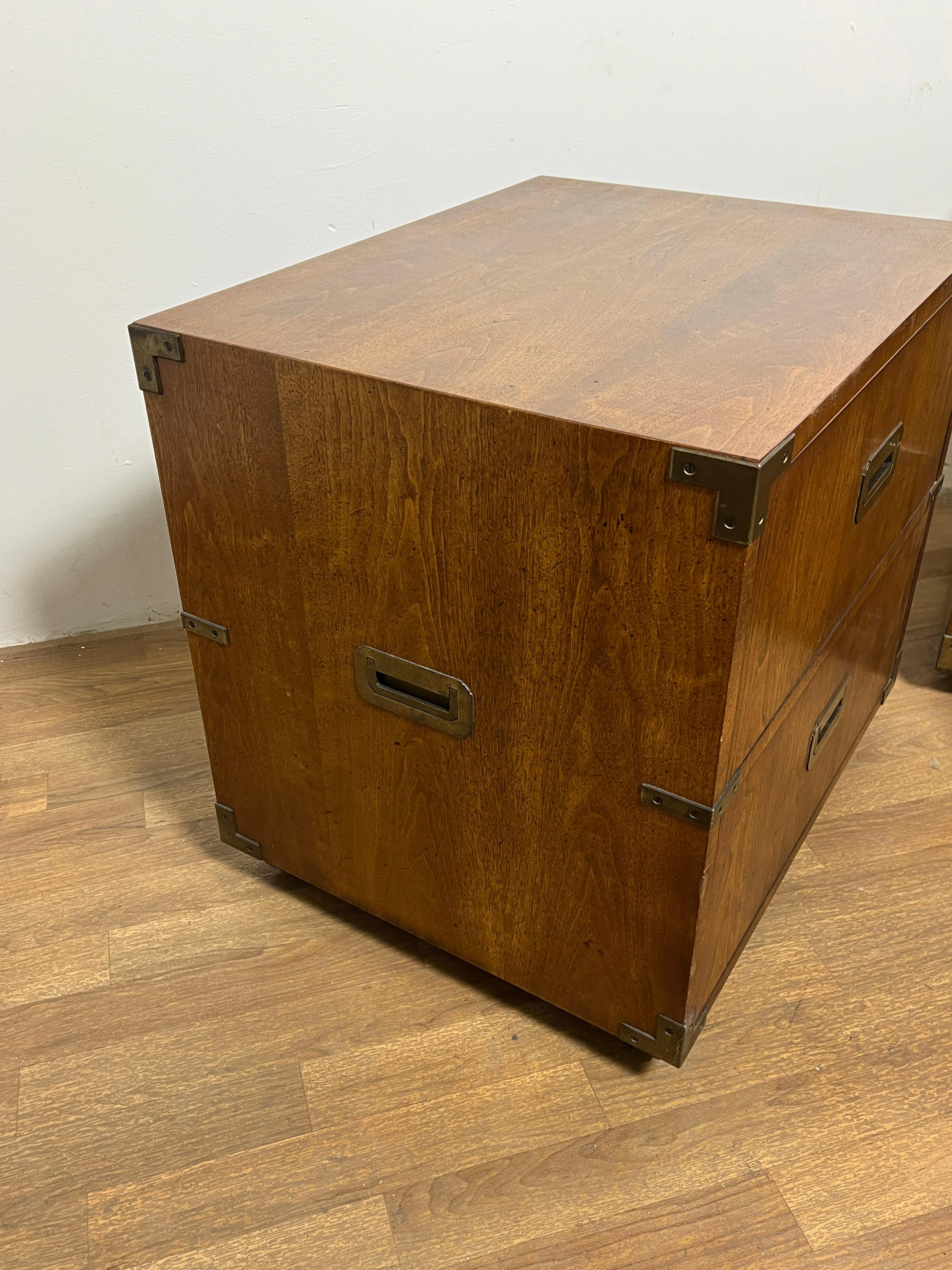 American Pair of Henredon Two Drawer Campaign Chest End Tables Ca. 1960s For Sale