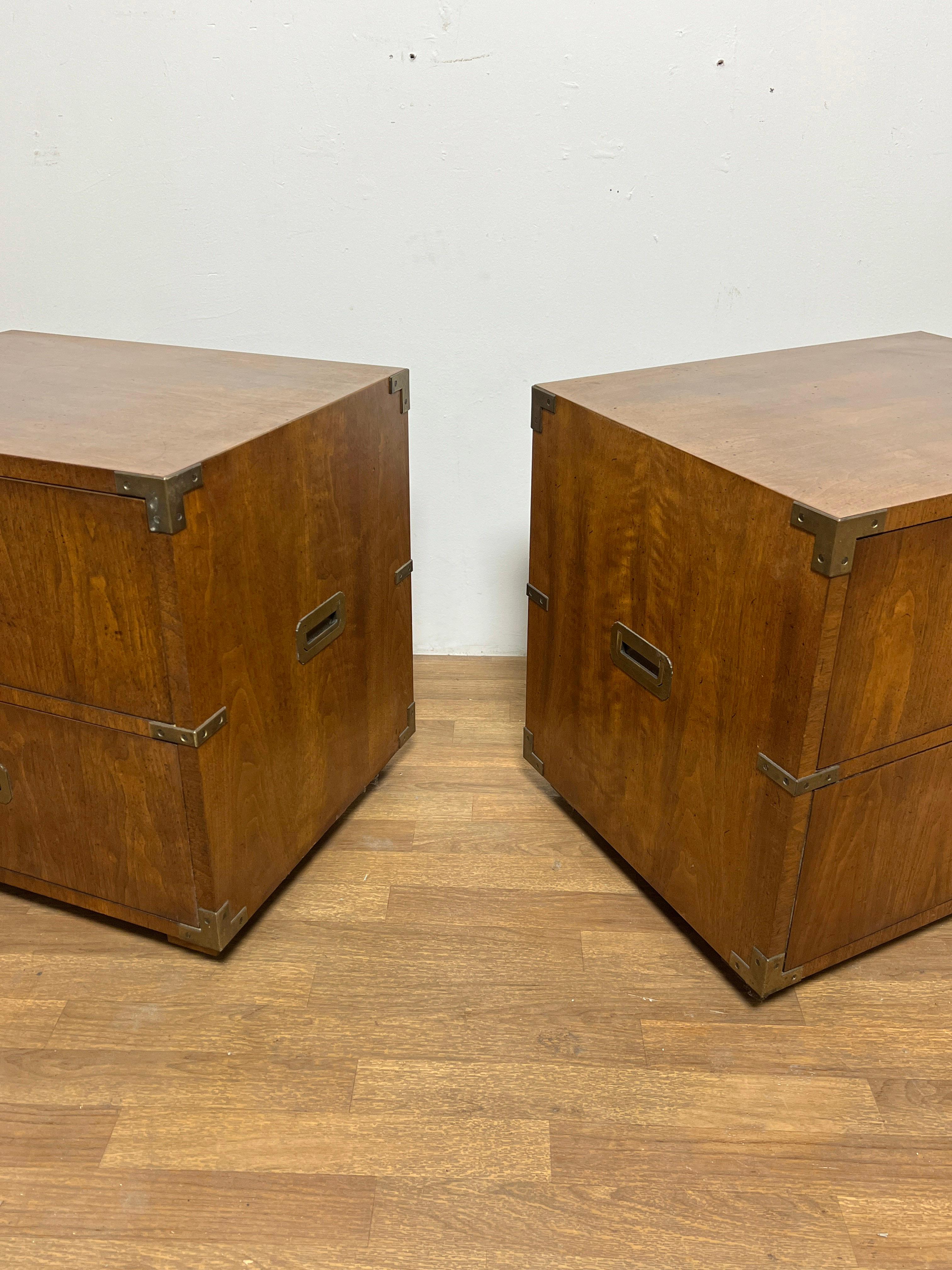 Pair of Henredon Two Drawer Campaign Chest End Tables Ca. 1960s 1