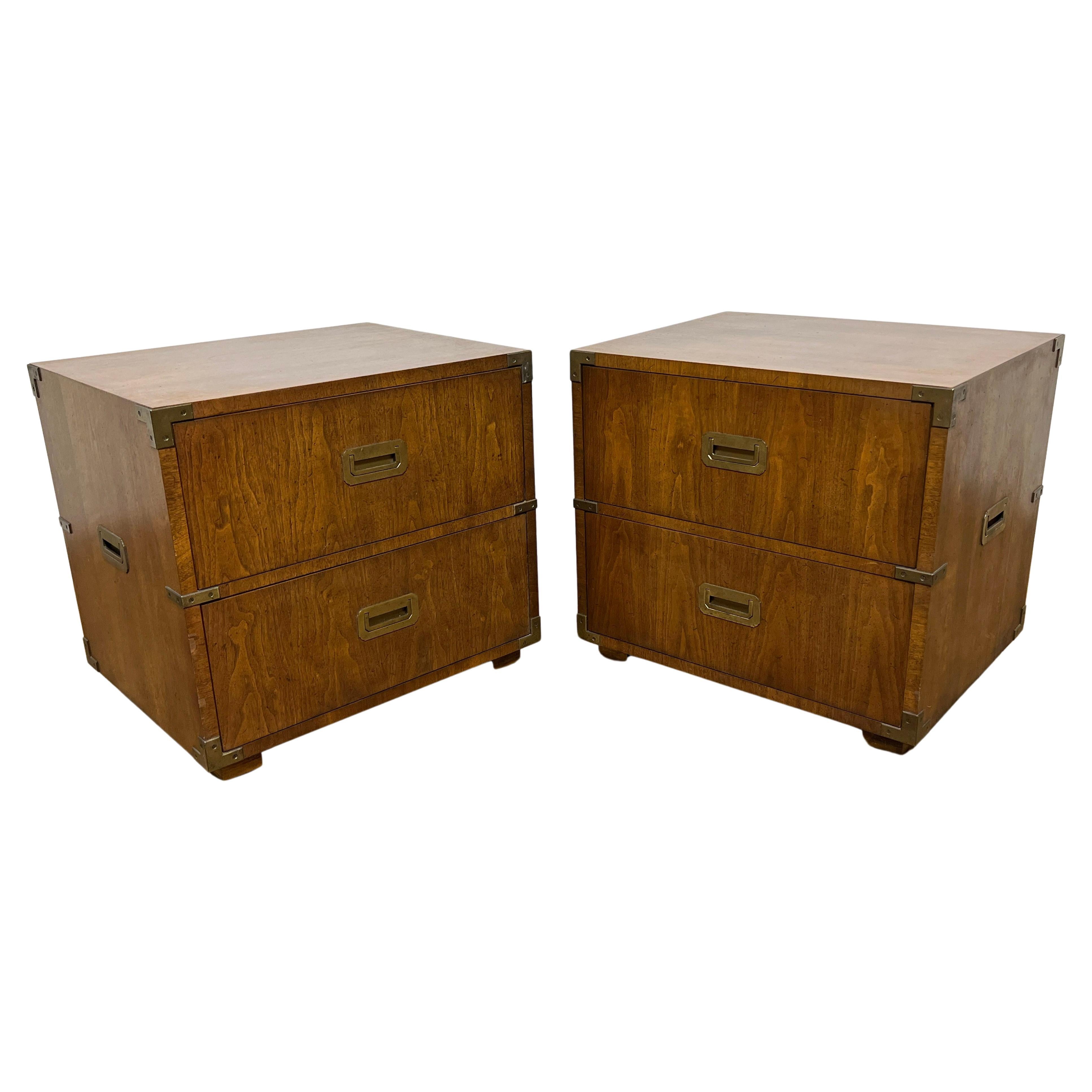 Pair of Henredon Two Drawer Campaign Chest End Tables Ca. 1960s