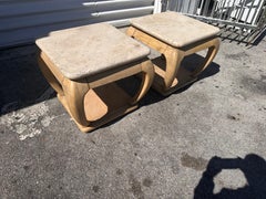 Pair of Henredon vintage 1980 cerused wood end table with travertine top