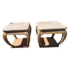 Pair of Henredon vintage 1980 cerused wood end table with travertine top