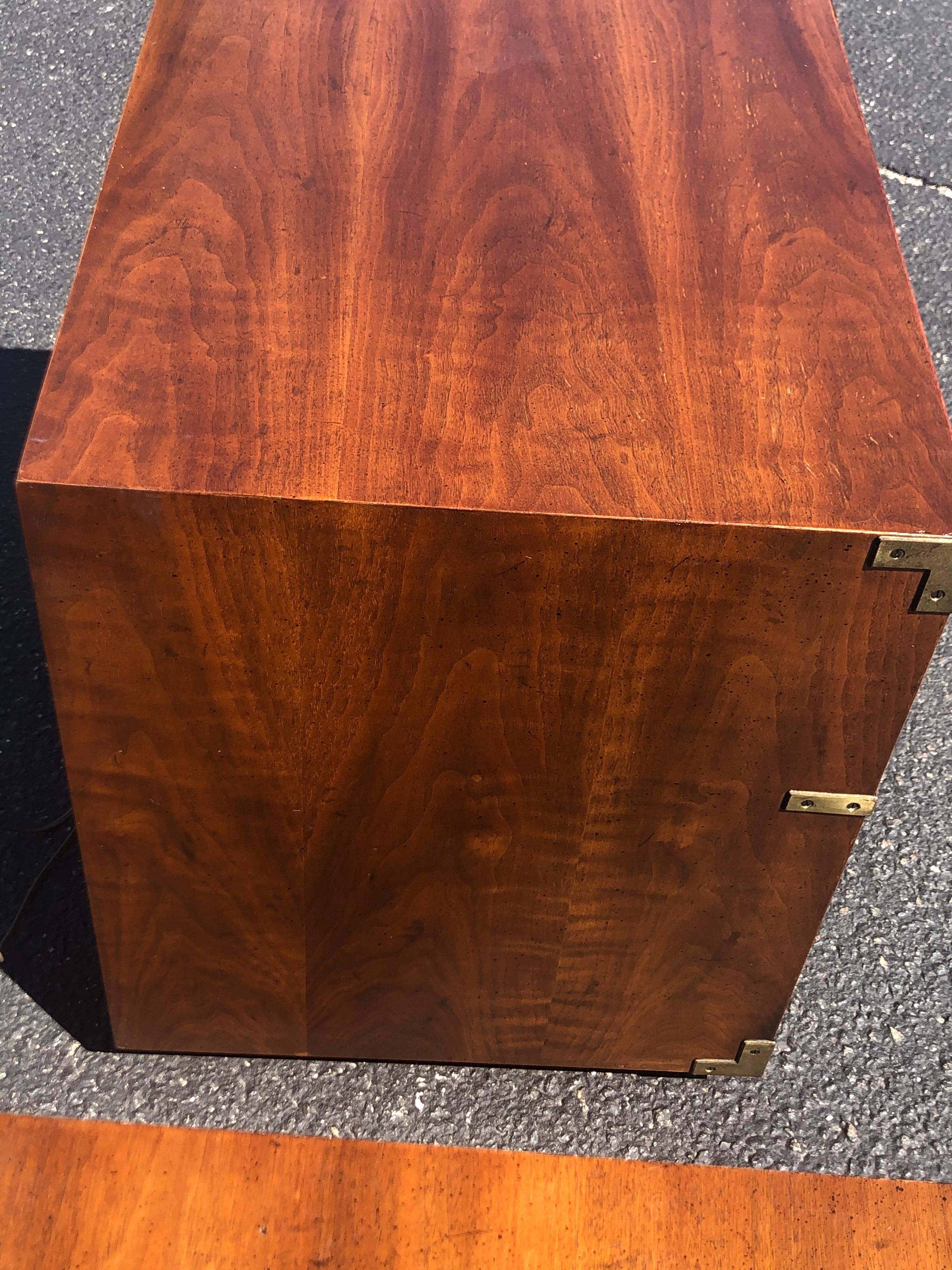 Brass Pair of Henredon Walnut Campaign Nightstands