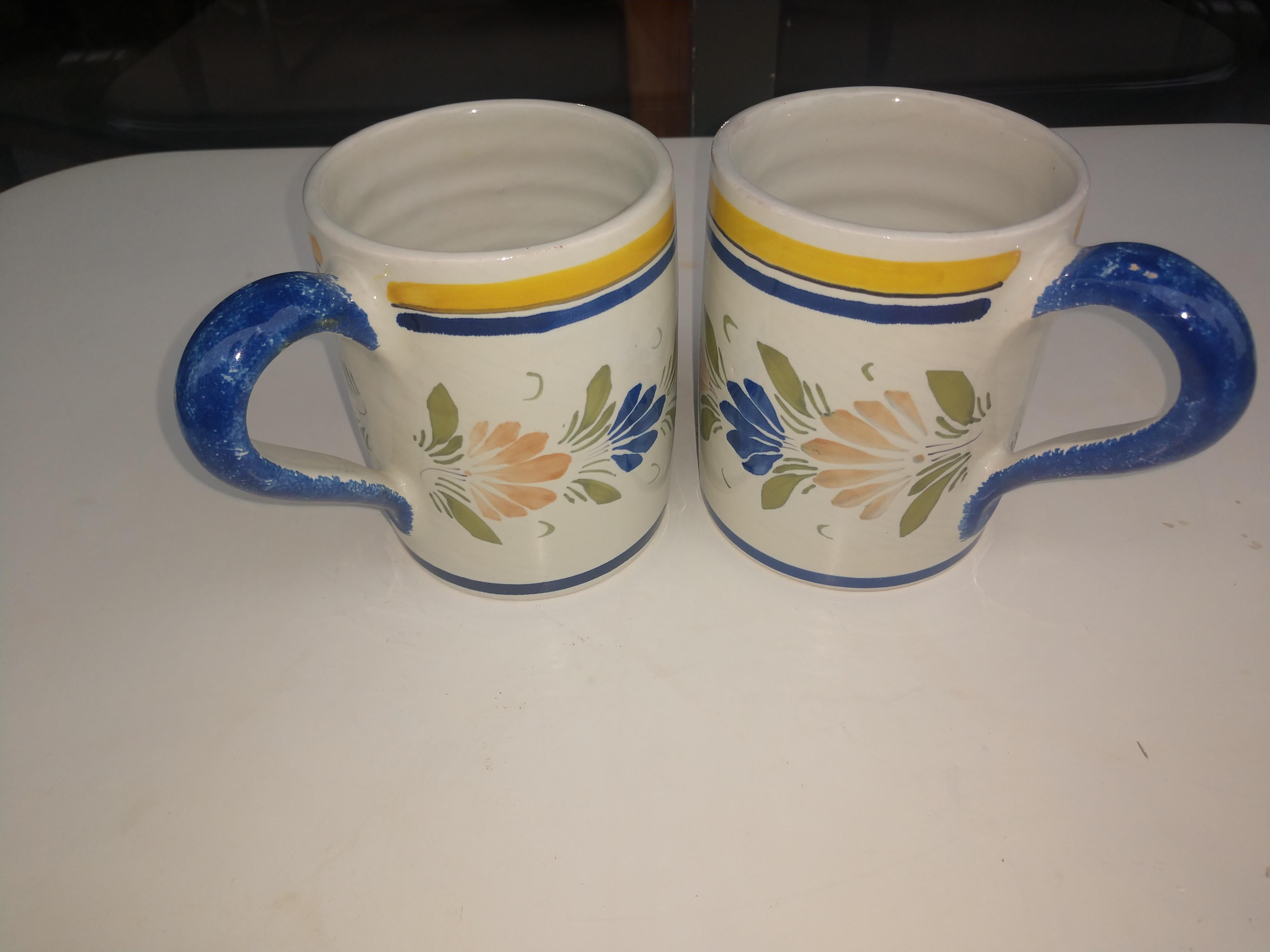Hand-Crafted Pair of Henriot Quimper Faience Coffee Mugs
