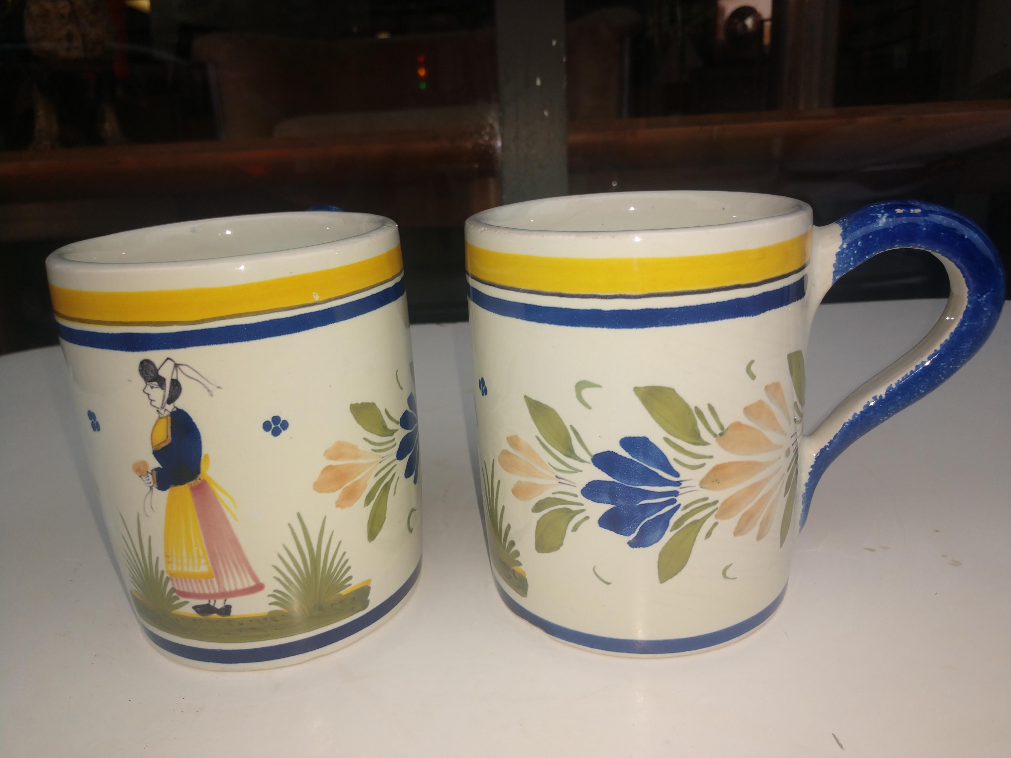 Late 20th Century Pair of Henriot Quimper Faience Coffee Mugs