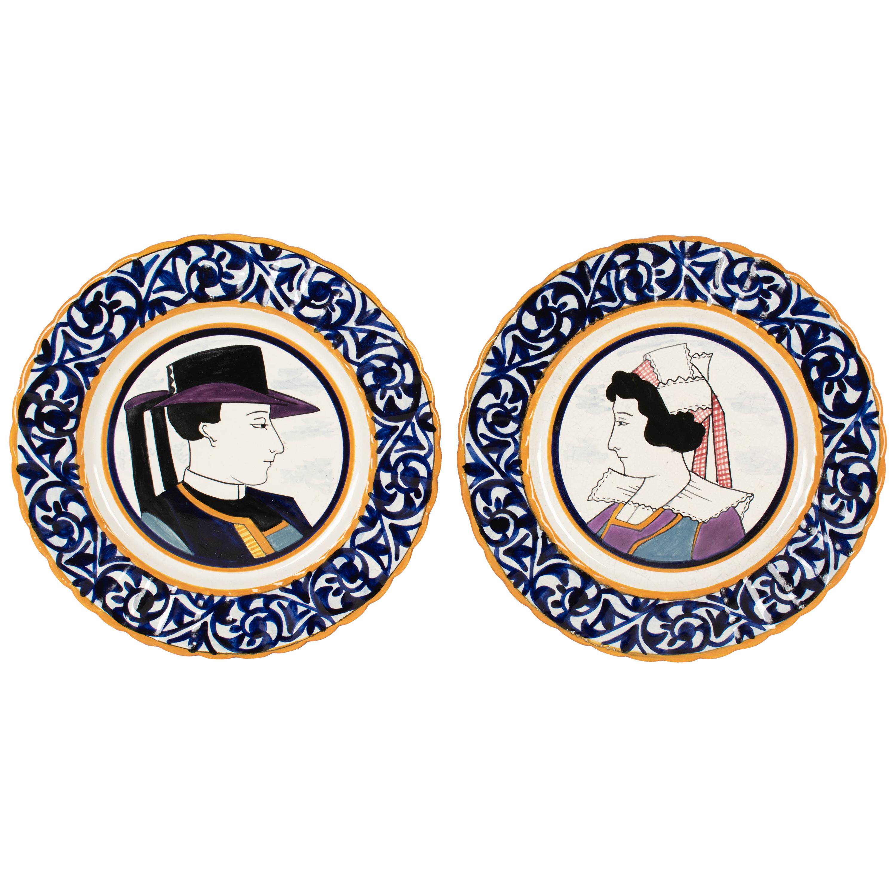 Pair of French Henriot Quimper Faience Plates For Sale