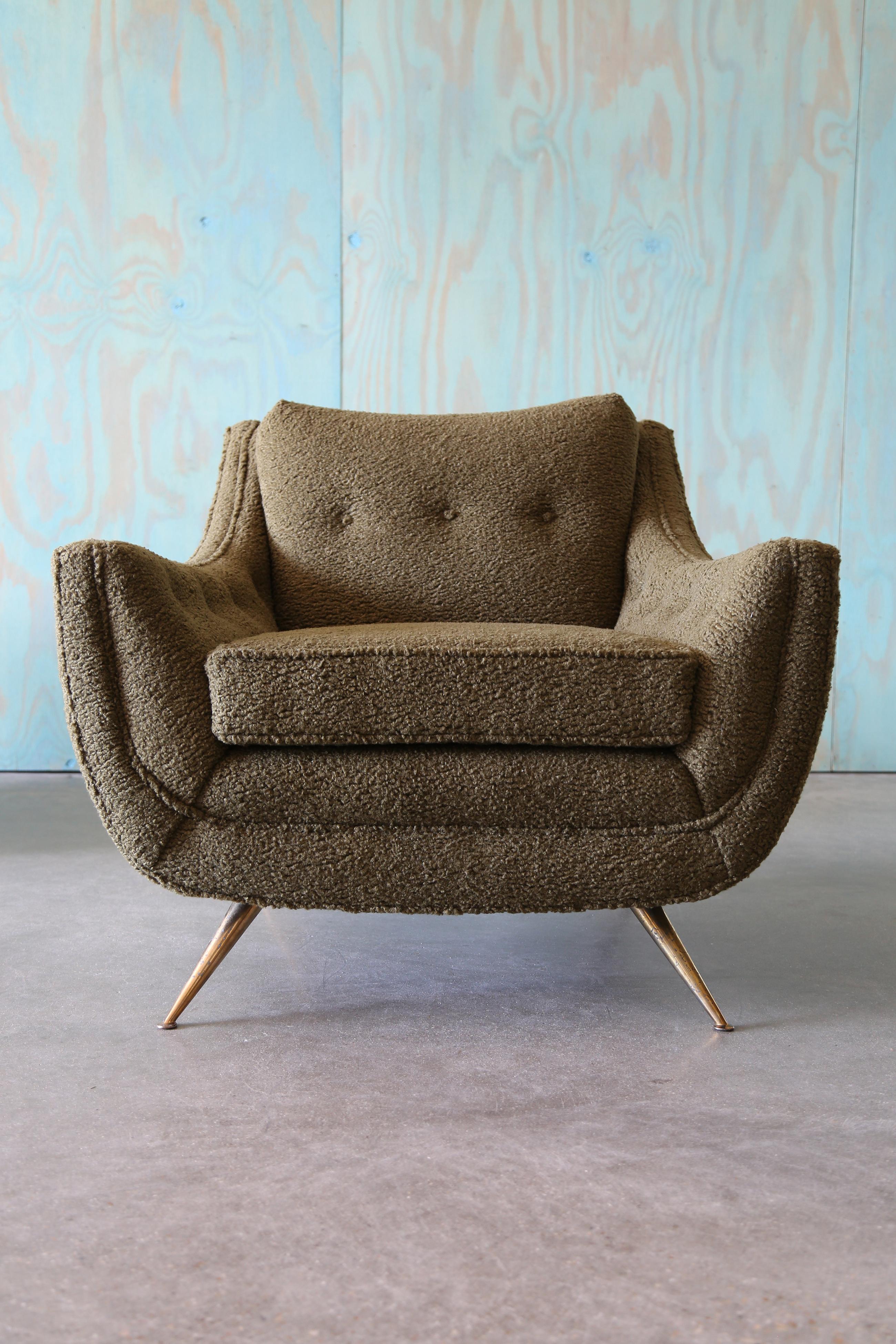 Pareja de sillones de salón Henry P Glass Verde Boucle Latón Mid Century Modern en venta 5