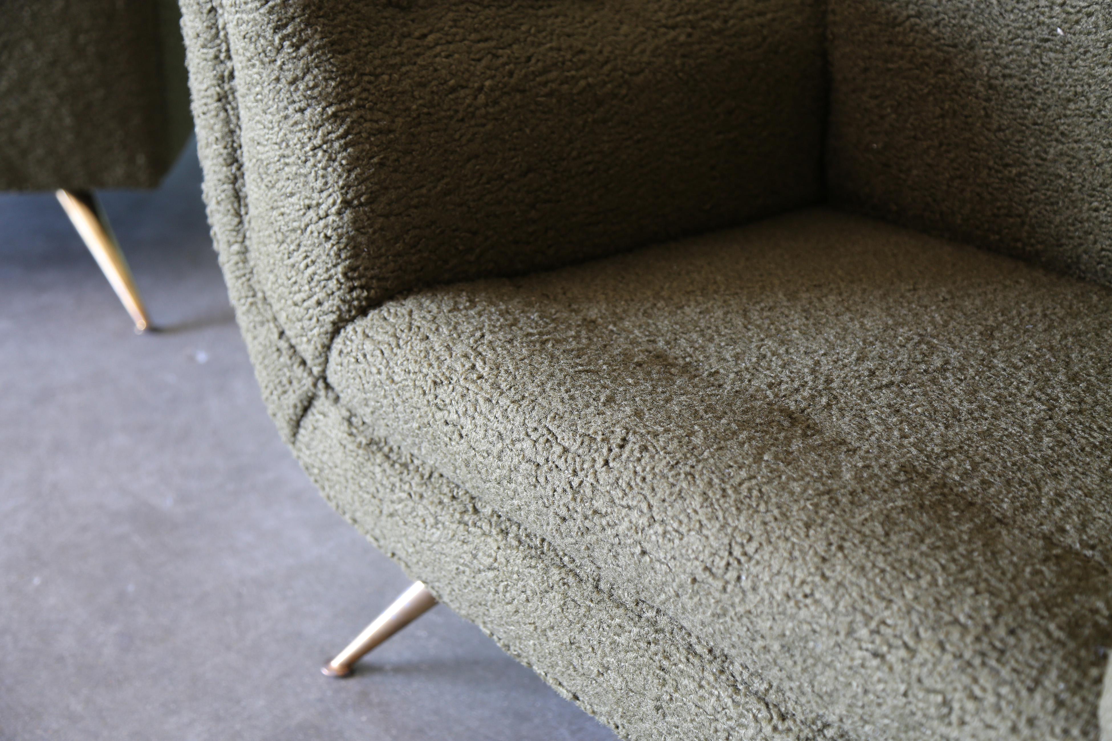 Pareja de sillones de salón Henry P Glass Verde Boucle Latón Mid Century Modern en venta 7