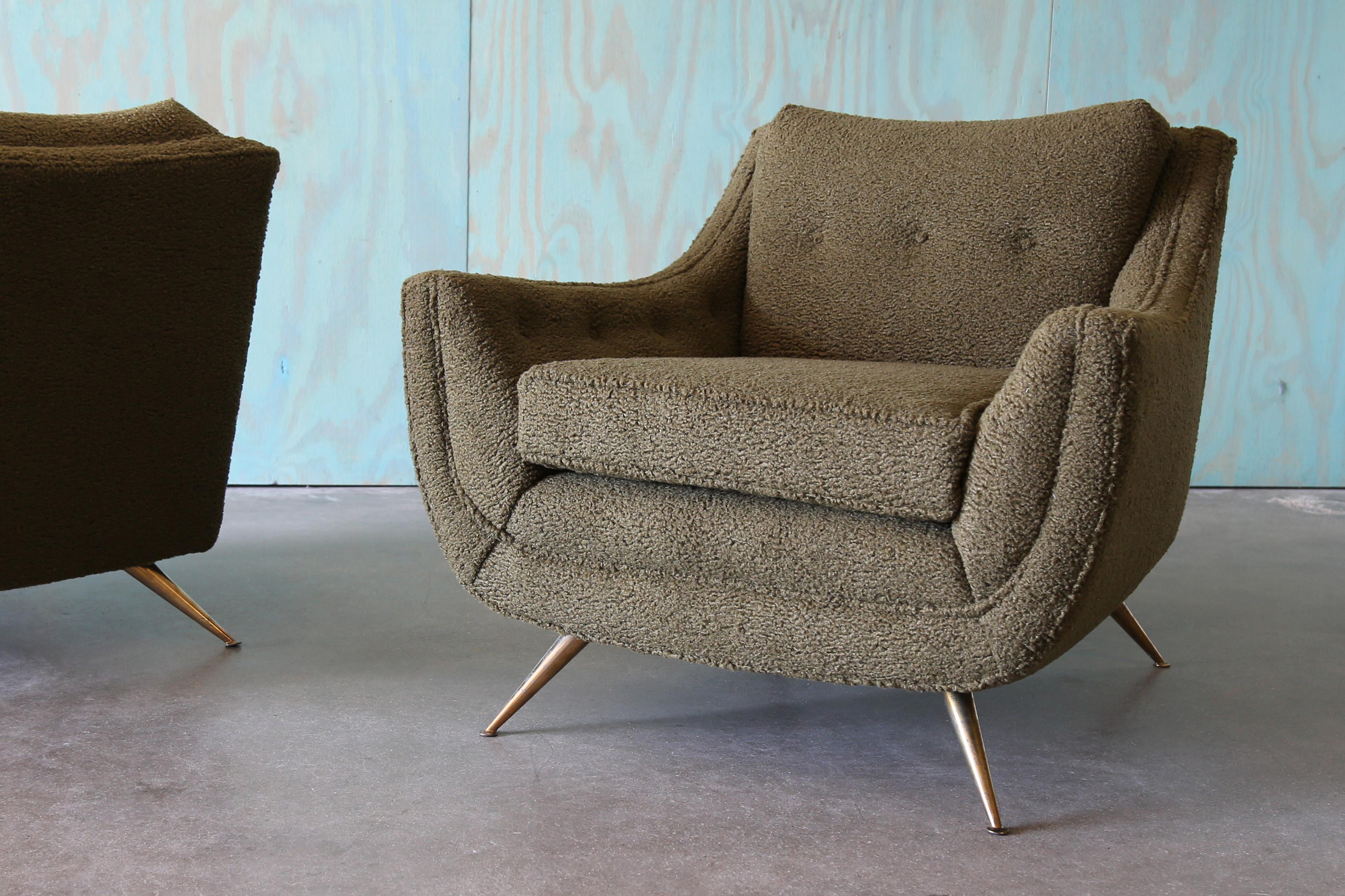 Pareja de sillones de salón Henry P Glass Verde Boucle Latón Mid Century Modern en venta 3