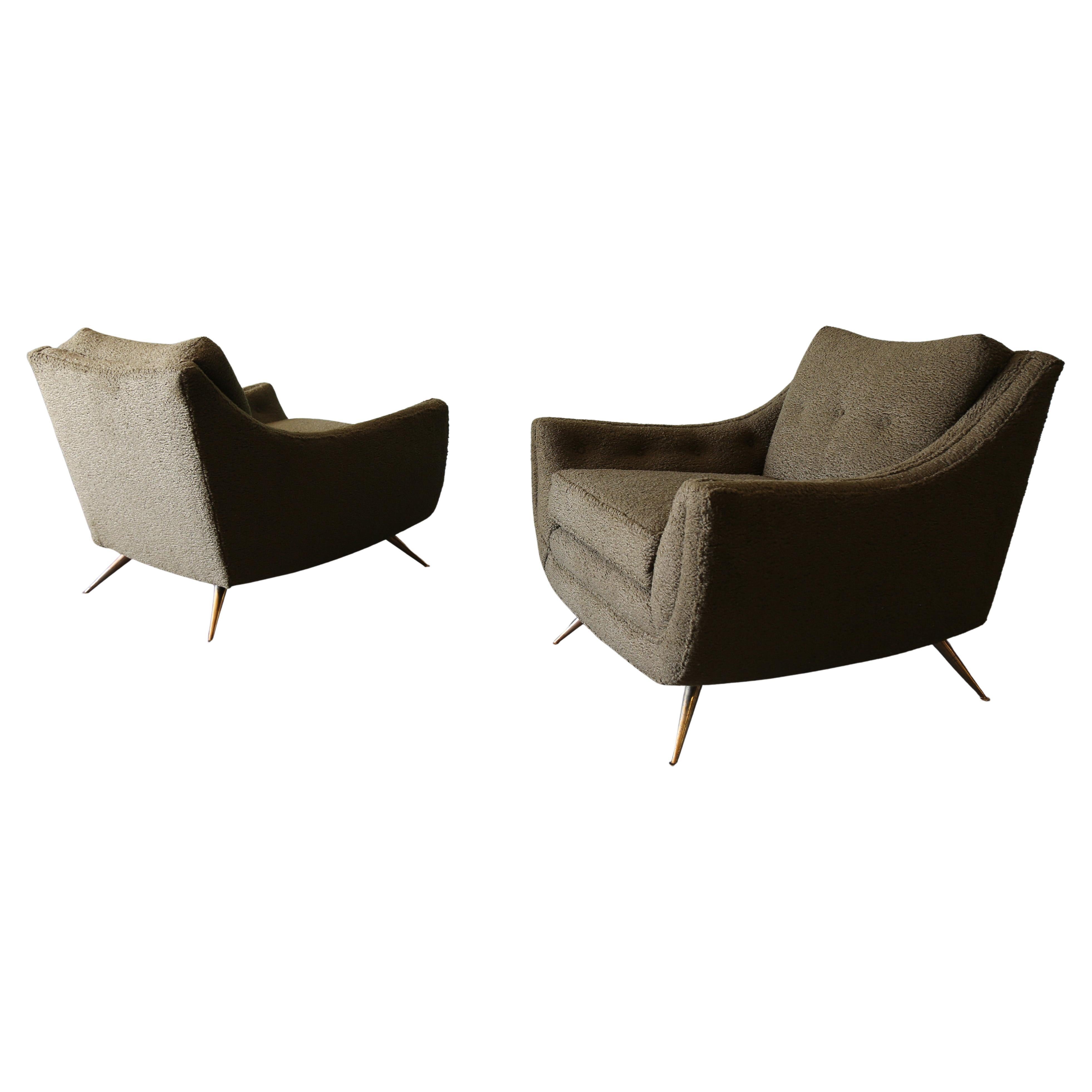 Pareja de sillones de salón Henry P Glass Verde Boucle Latón Mid Century Modern en venta