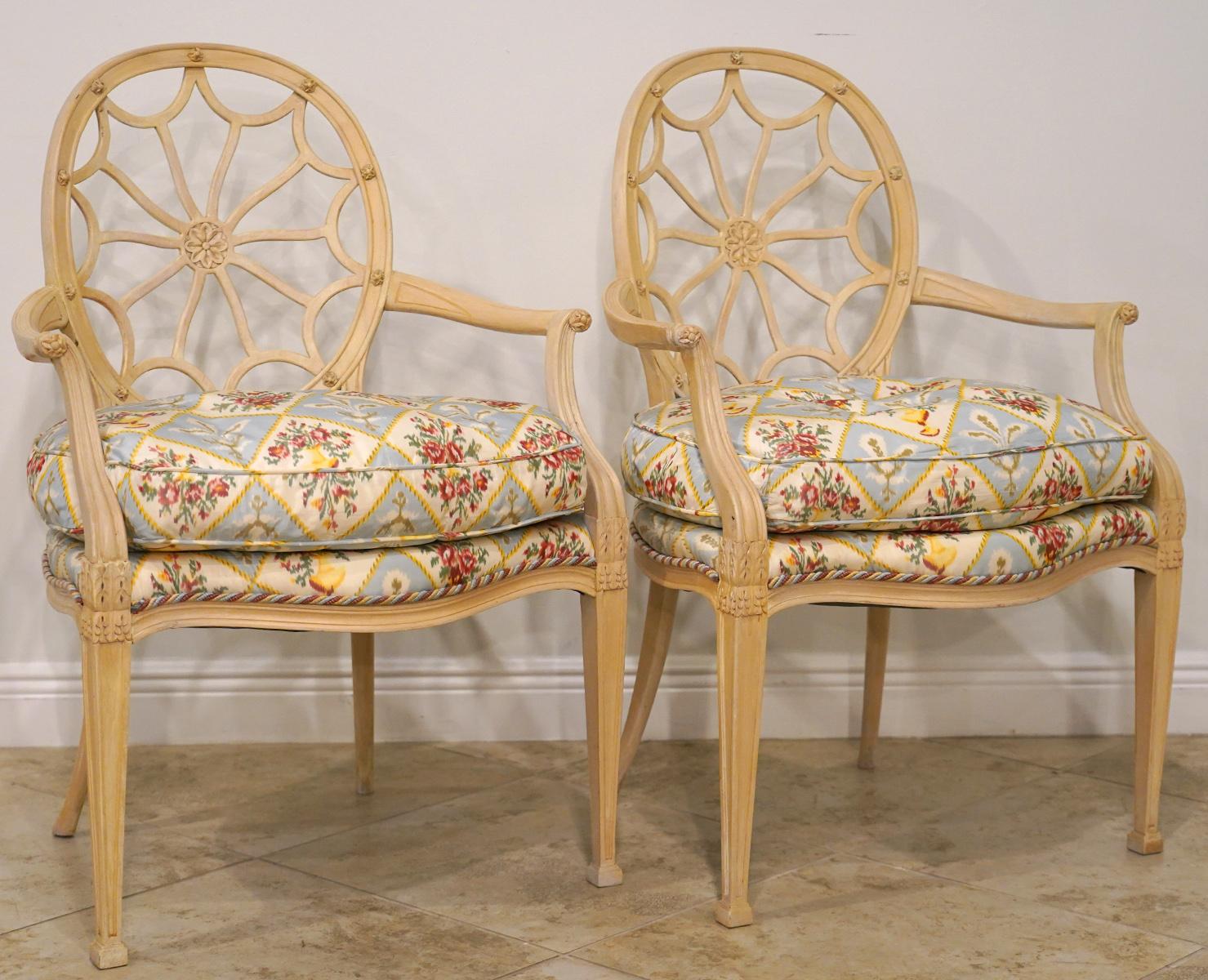American Pair of Hepplewhite Style Antique White Painted Spiderweb Armchairs