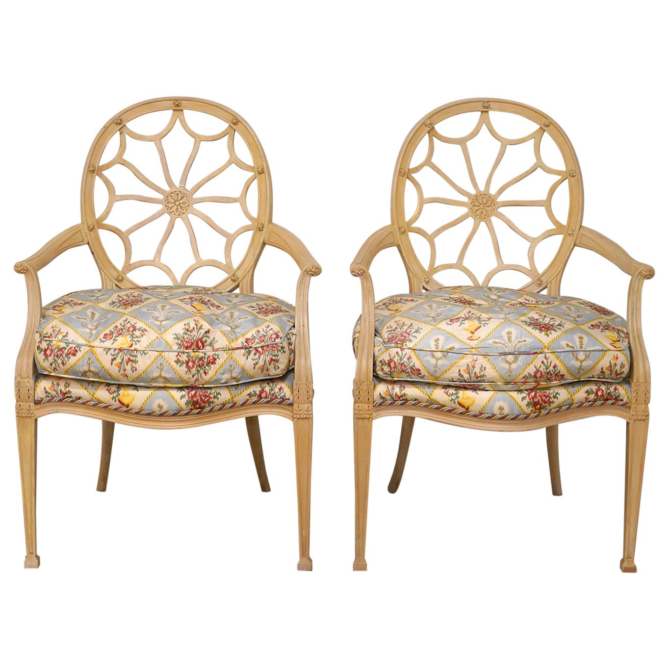 Pair of Hepplewhite Style Antique White Painted Spiderweb Armchairs