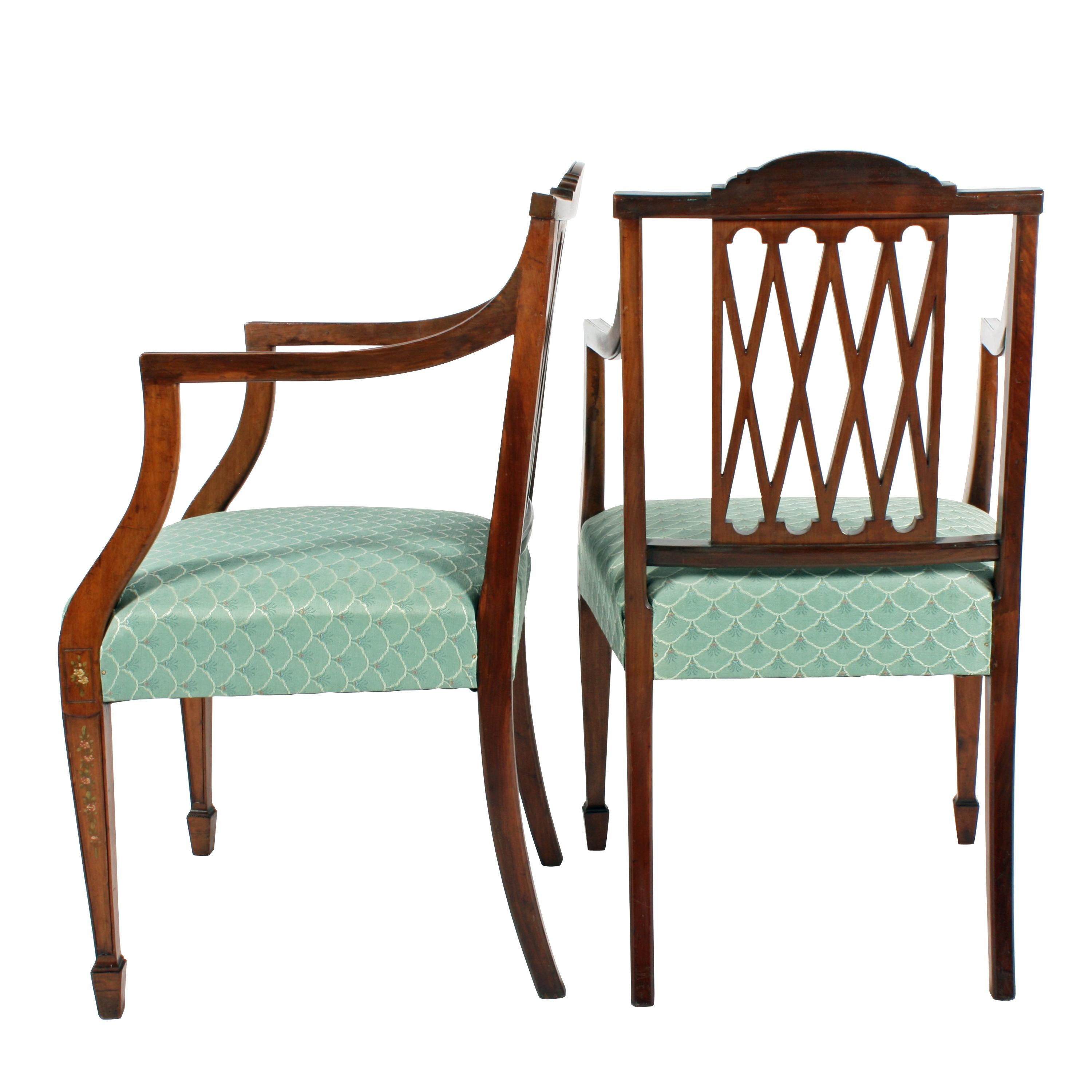 English Pair of 19th Century Hepplewhite Style Mahogany & Painted  Elbow Chairs For Sale