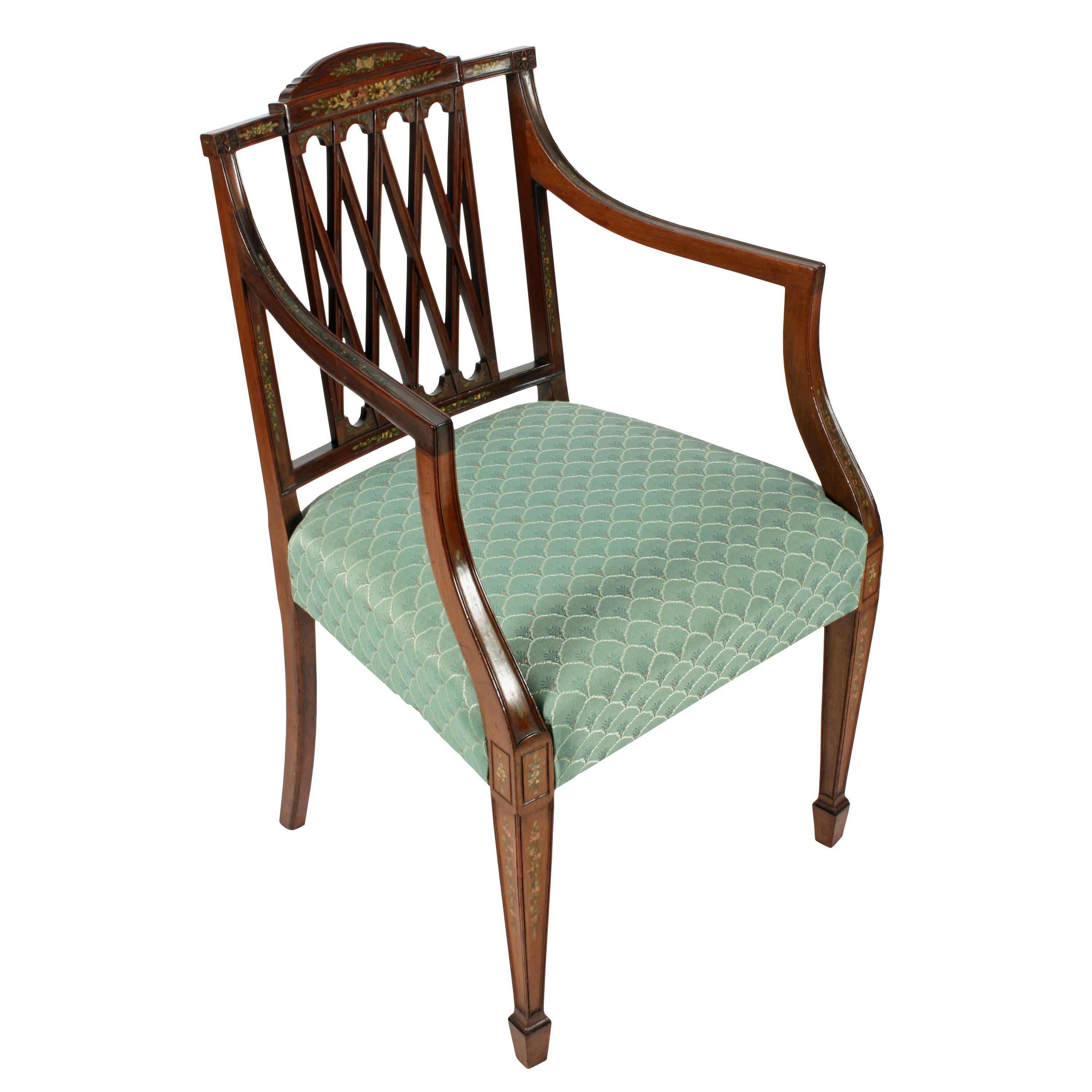 Hand-Painted Pair of 19th Century Hepplewhite Style Mahogany & Painted  Elbow Chairs For Sale