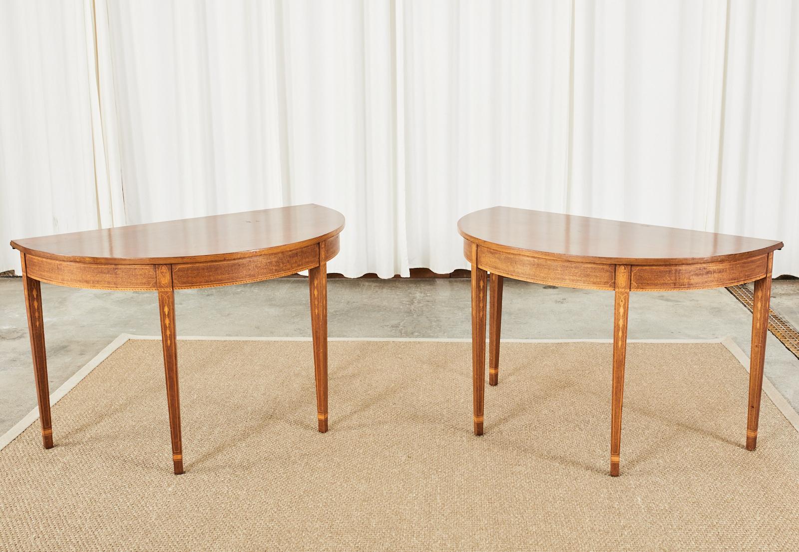 Hand-Crafted Pair of Hepplewhite Style Mahogany Demilune Console Tables