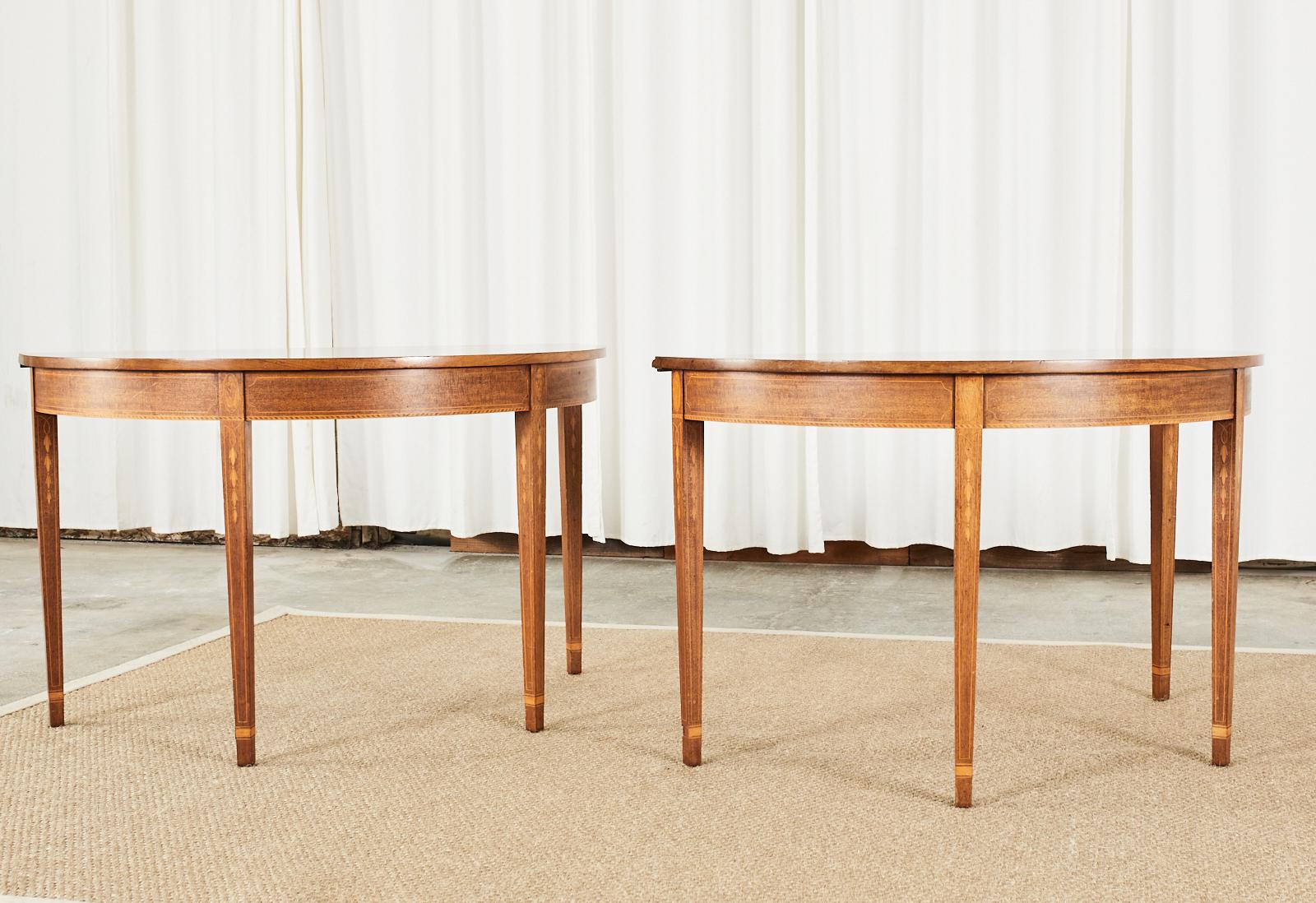 Pair of Hepplewhite Style Mahogany Demilune Console Tables In Good Condition In Rio Vista, CA