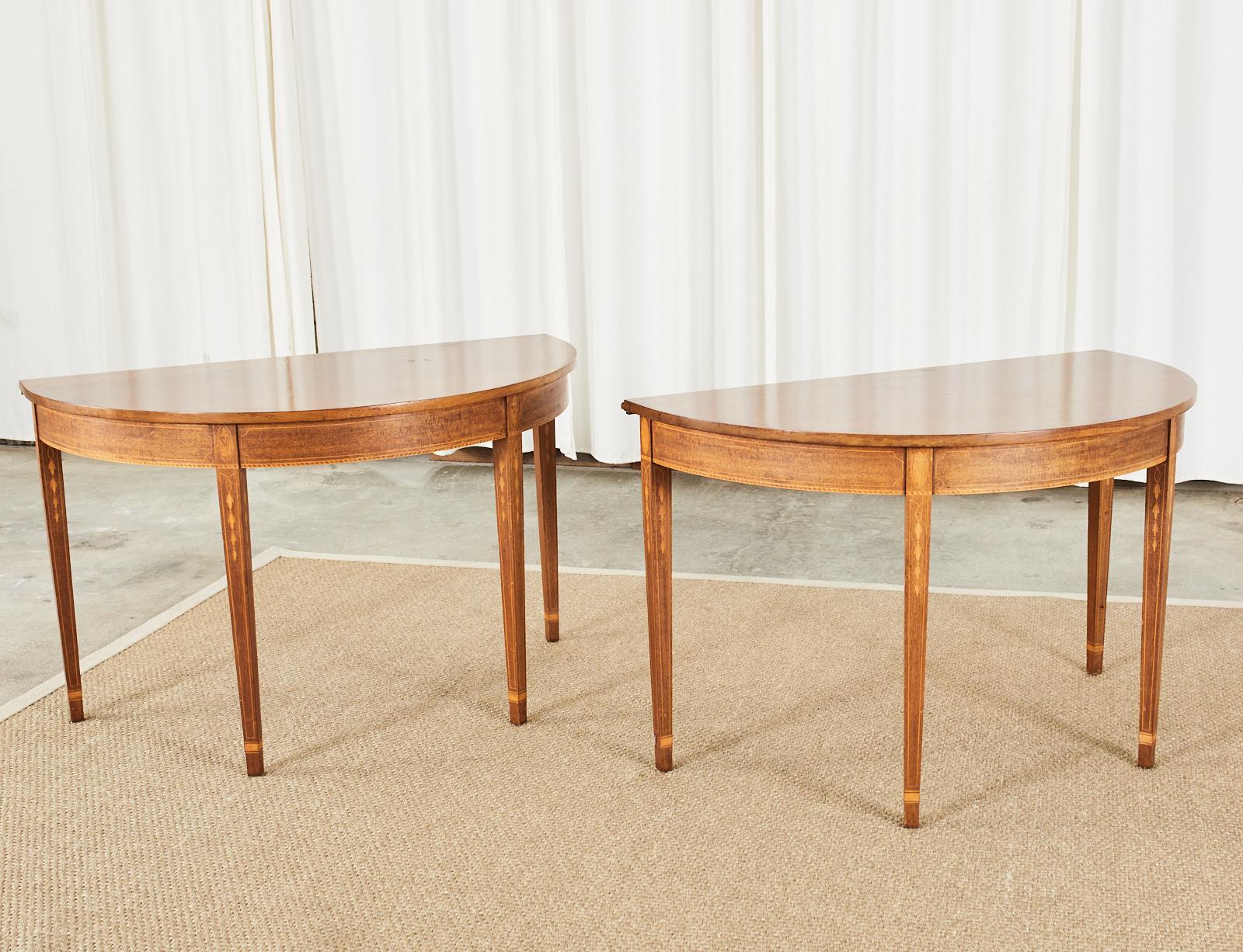 20th Century Pair of Hepplewhite Style Mahogany Demilune Console Tables