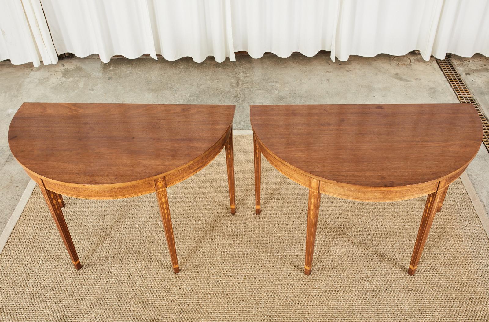 Brass Pair of Hepplewhite Style Mahogany Demilune Console Tables